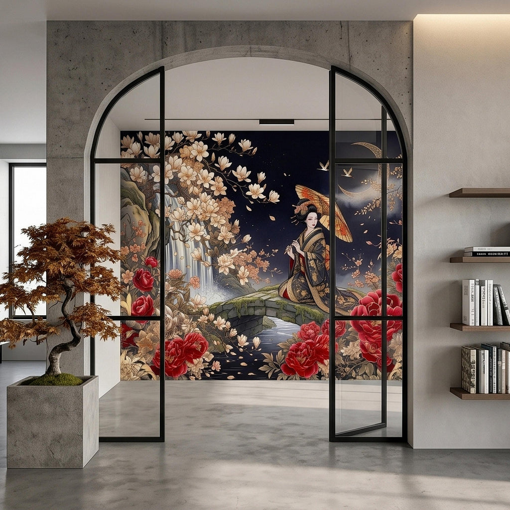 Japanese Geisha Kimono Peel and Stick Wall Mural, Moonlit Sakura Blossoms and Red Peonies, Waterfall Garden Bridge Oriental Art Wallpaper