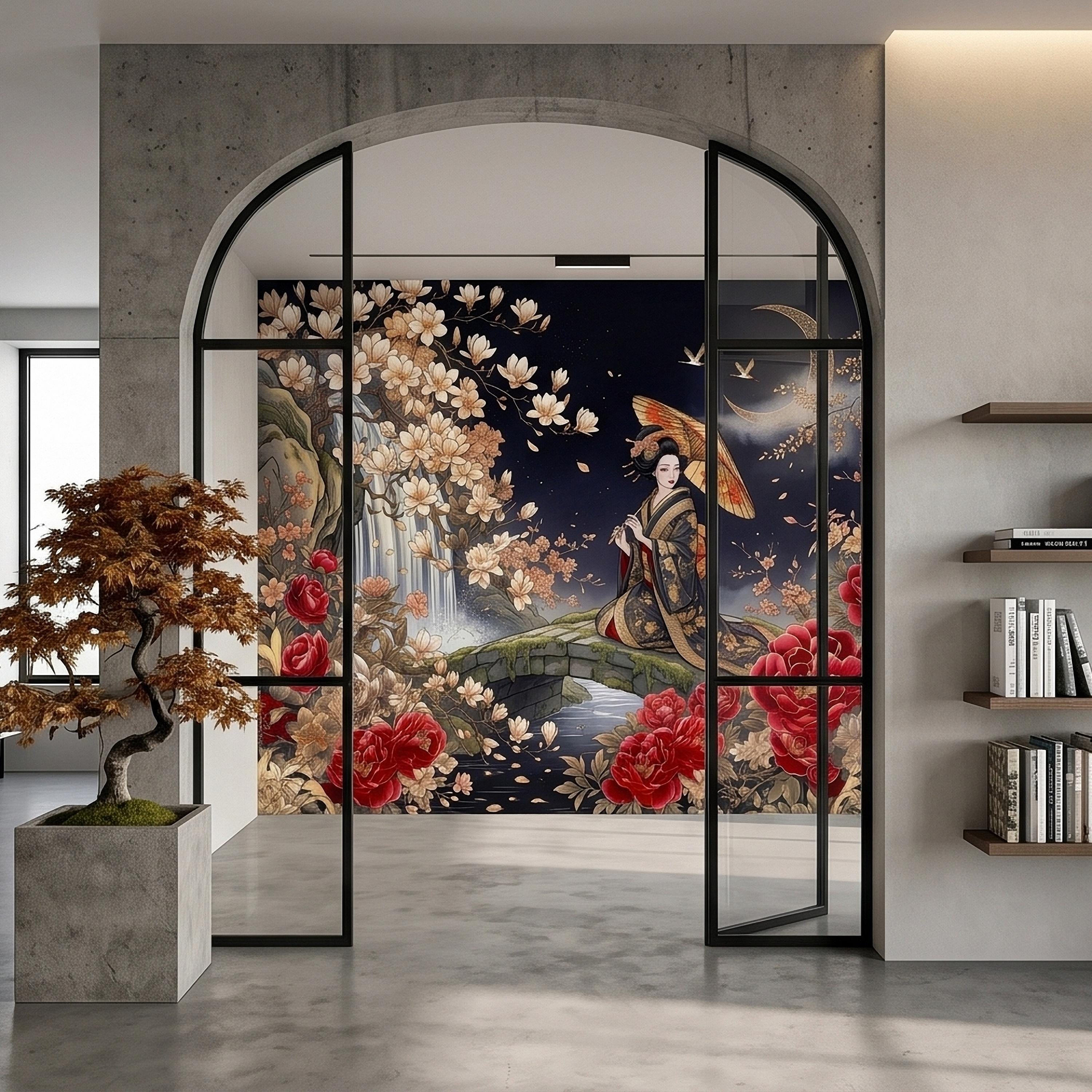 Japanese Geisha Kimono Peel and Stick Wall Mural, Moonlit Sakura Blossoms and Red Peonies, Waterfall Garden Bridge Oriental Art Wallpaper
