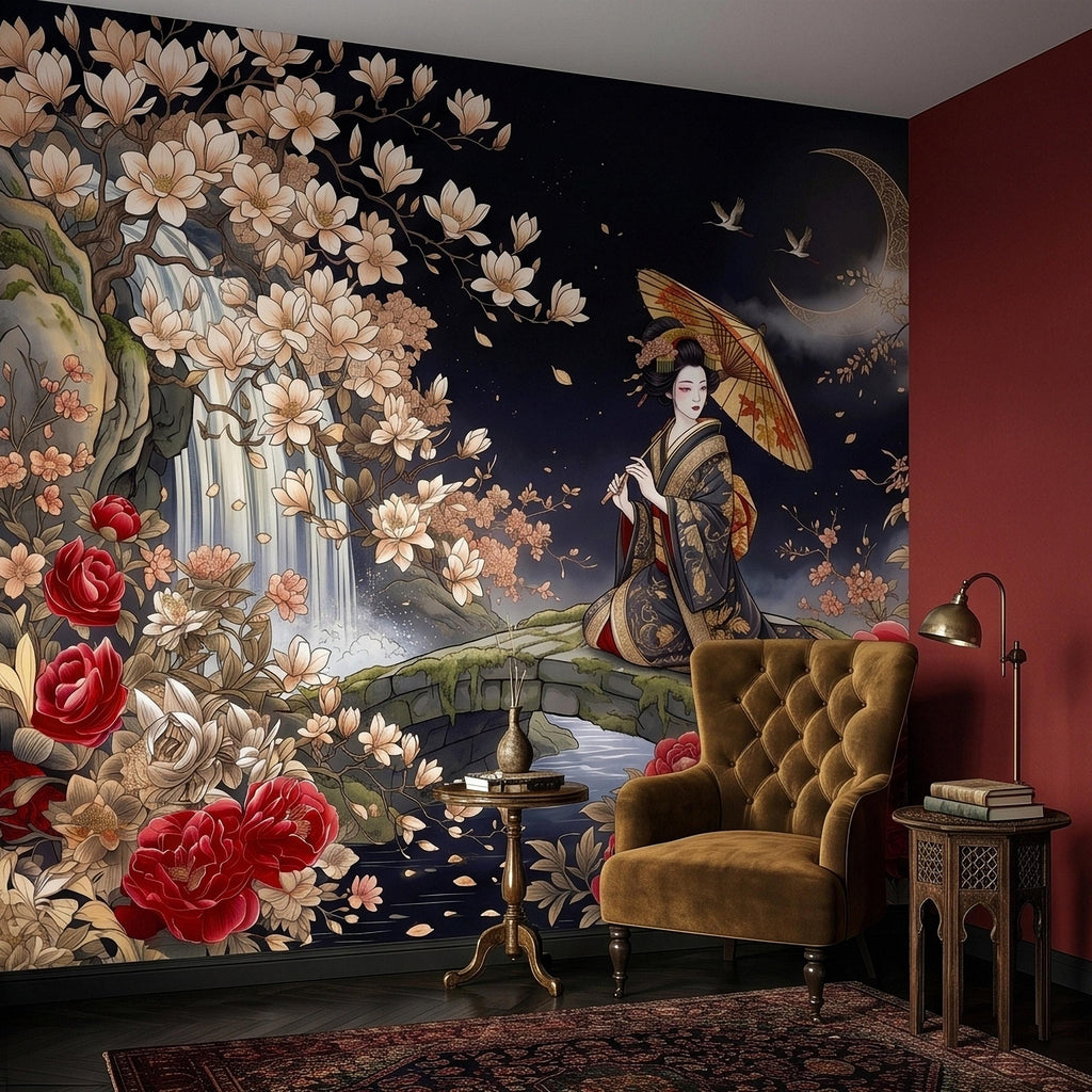 Japanese Geisha Kimono Peel and Stick Wall Mural, Moonlit Sakura Blossoms and Red Peonies, Waterfall Garden Bridge Oriental Art Wallpaper