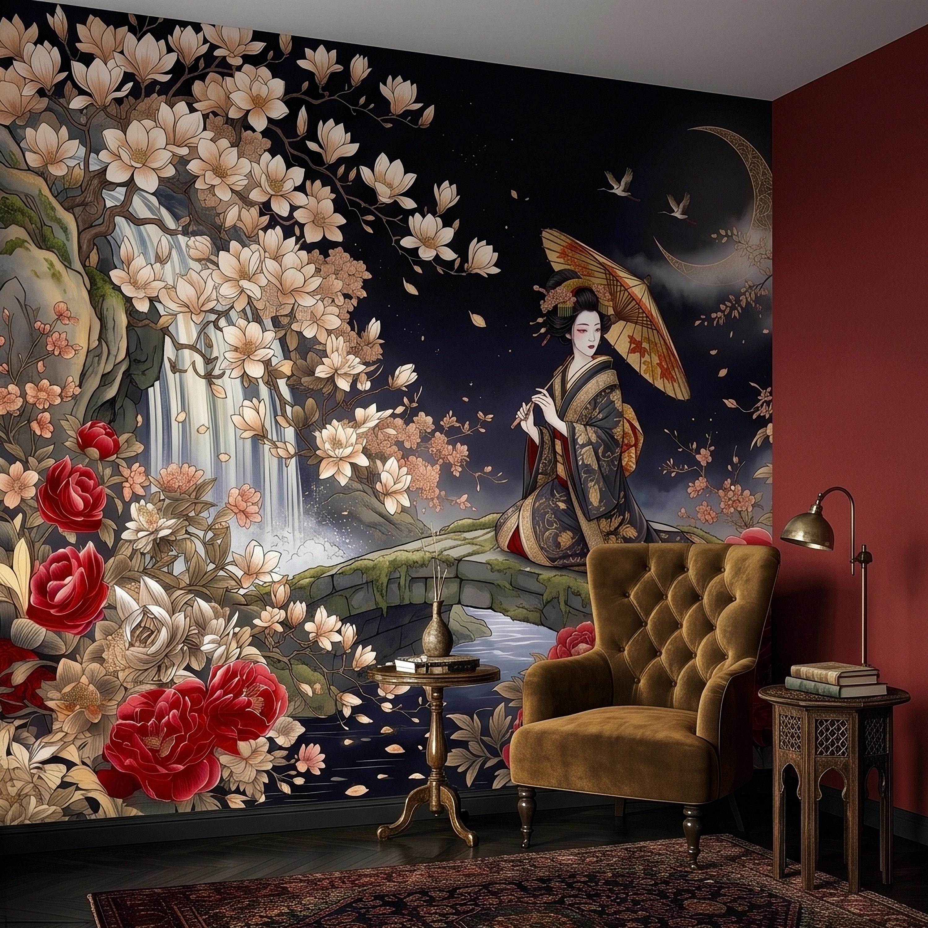 Japanese Geisha Kimono Peel and Stick Wall Mural, Moonlit Sakura Blossoms and Red Peonies, Waterfall Garden Bridge Oriental Art Wallpaper