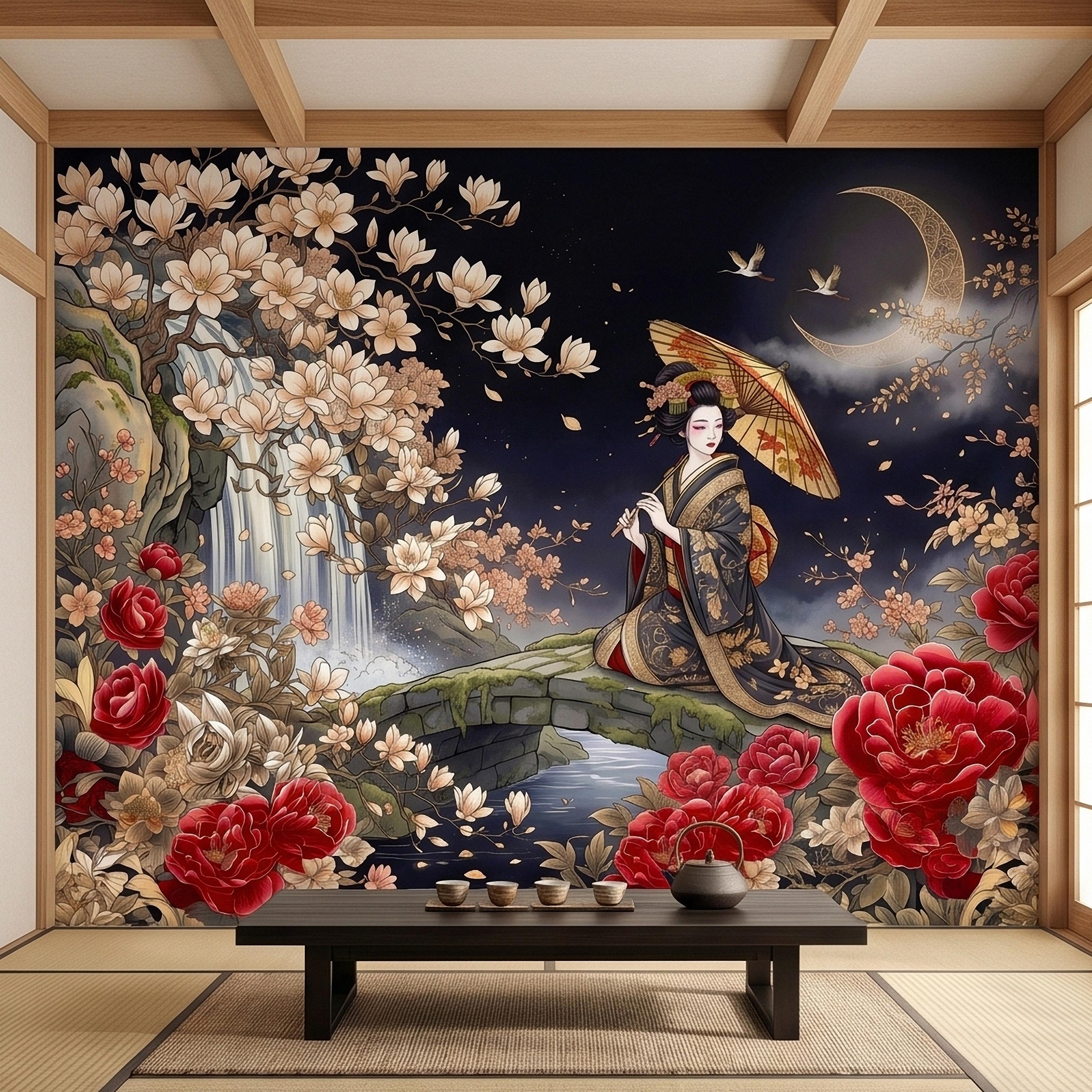Japanese Geisha Kimono Peel and Stick Wall Mural, Moonlit Sakura Blossoms and Red Peonies, Waterfall Garden Bridge Oriental Art Wallpaper