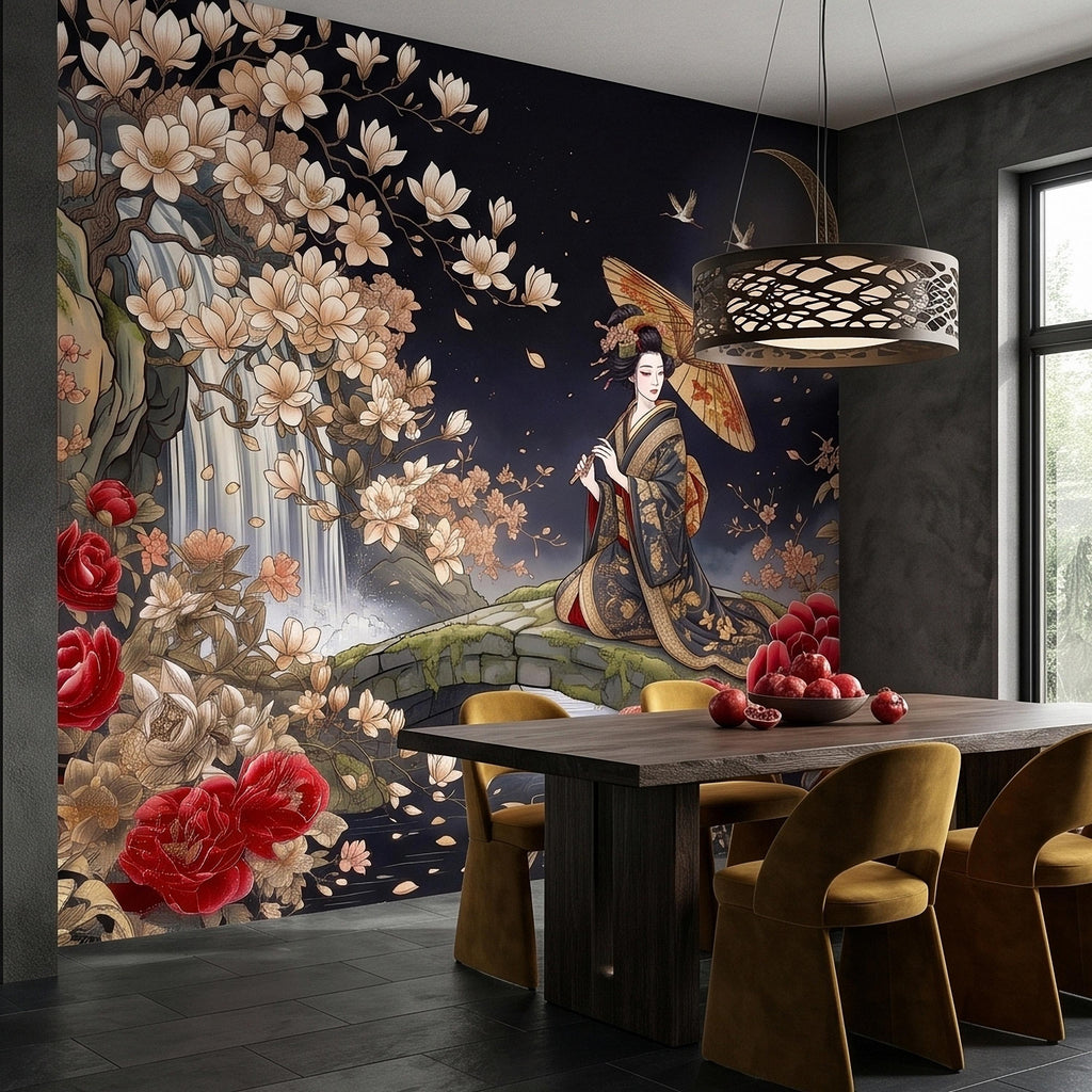 Japanese Geisha Kimono Peel and Stick Wall Mural, Moonlit Sakura Blossoms and Red Peonies, Waterfall Garden Bridge Oriental Art Wallpaper