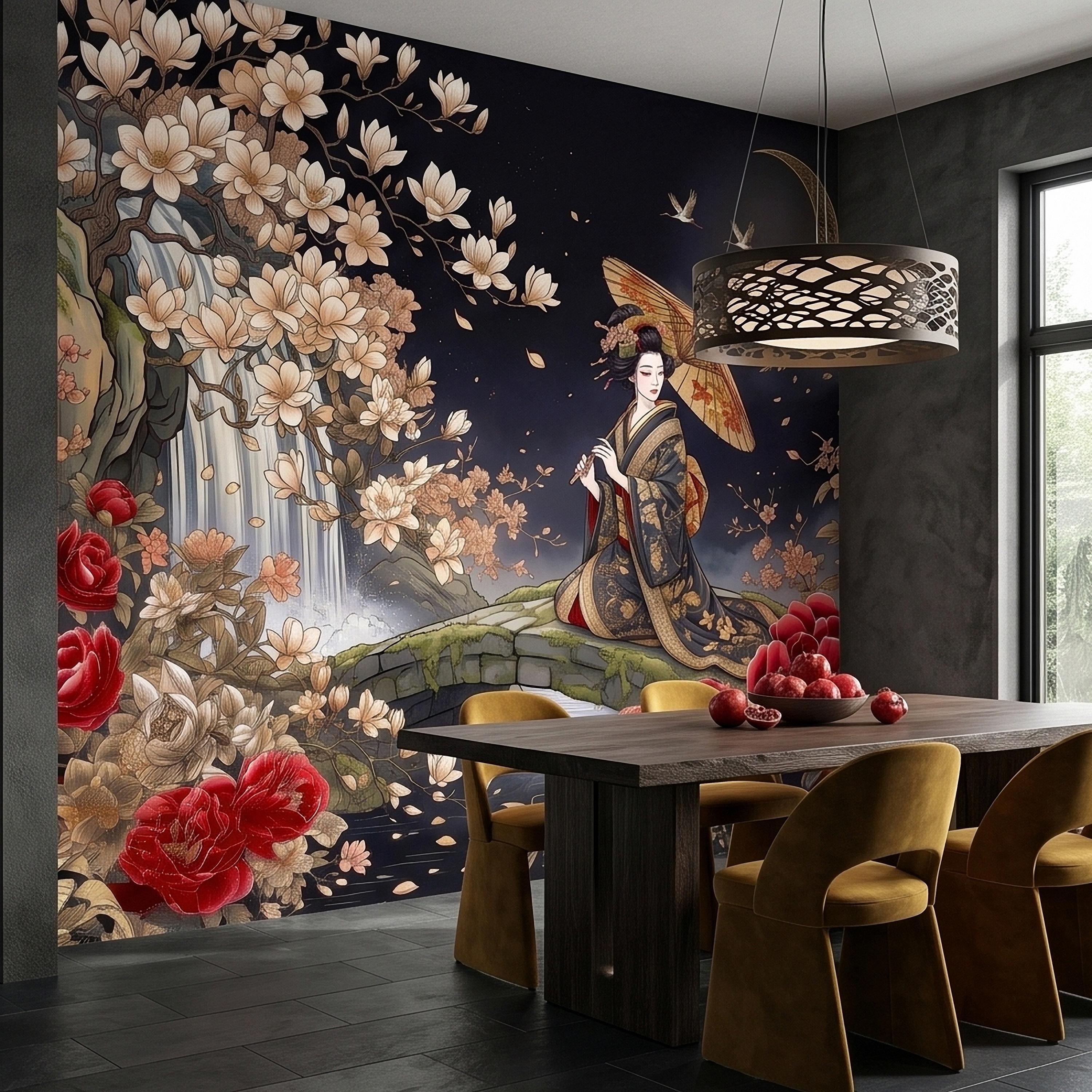 Japanese Geisha Kimono Peel and Stick Wall Mural, Moonlit Sakura Blossoms and Red Peonies, Waterfall Garden Bridge Oriental Art Wallpaper