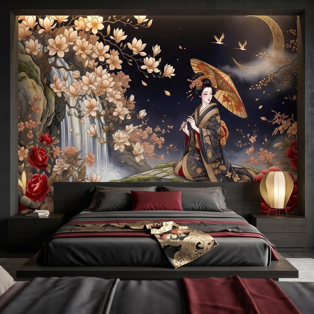 Japanese Geisha Kimono Peel and Stick Wall Mural, Moonlit Sakura Blossoms and Red Peonies, Waterfall Garden Bridge Oriental Art Wallpaper