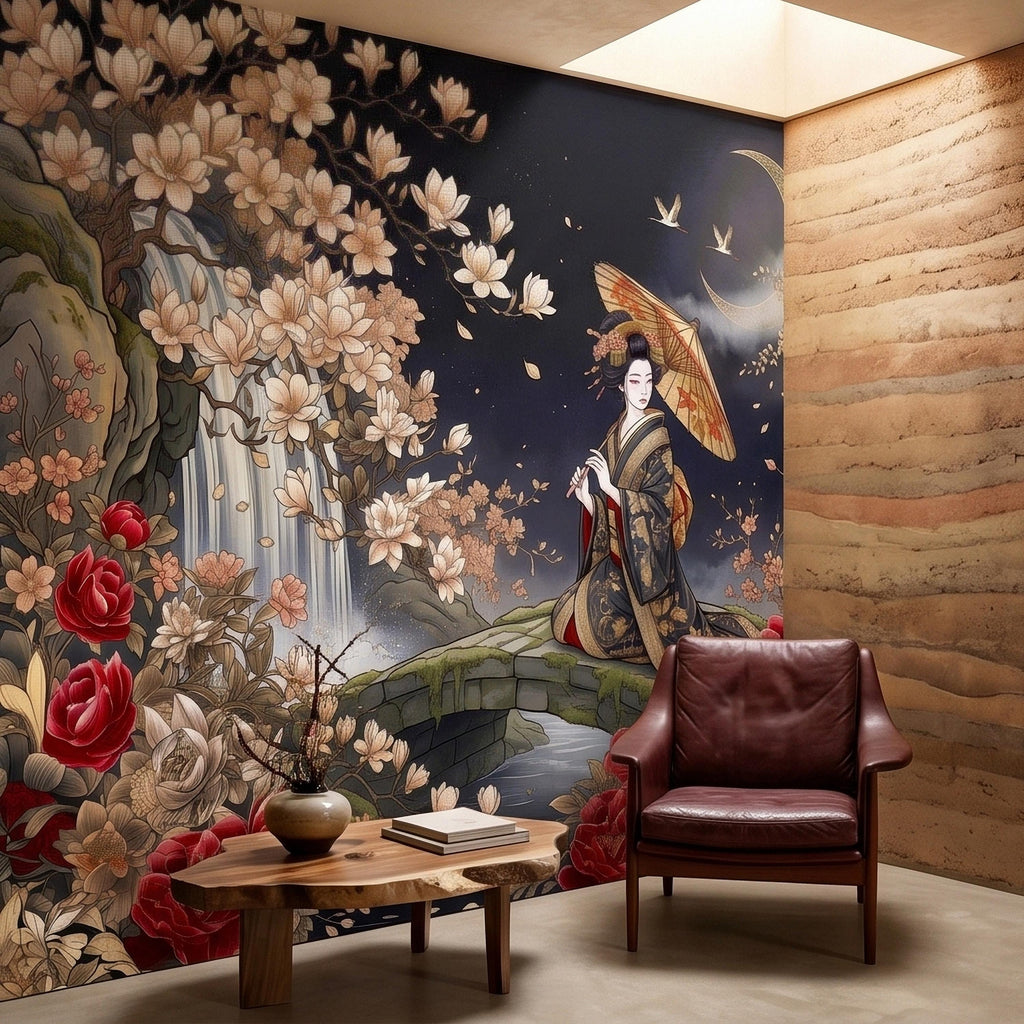 Japanese Geisha Kimono Peel and Stick Wall Mural, Moonlit Sakura Blossoms and Red Peonies, Waterfall Garden Bridge Oriental Art Wallpaper