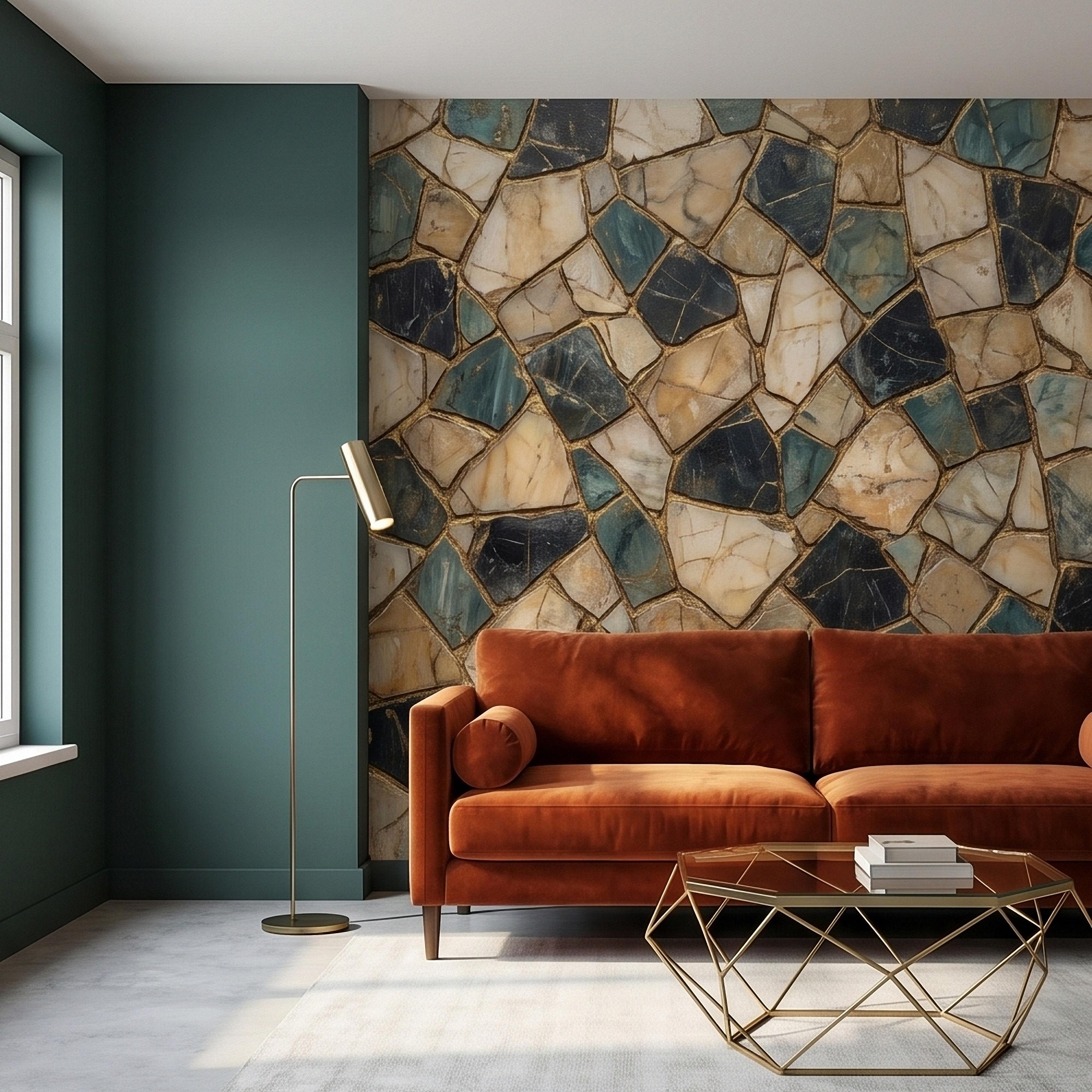 Kintsugi Stone Mosaic Peel and Stick Wall Mural, Navy Teal and Beige Marble Tile Pattern, Luxury Modern Textured Wallpaper