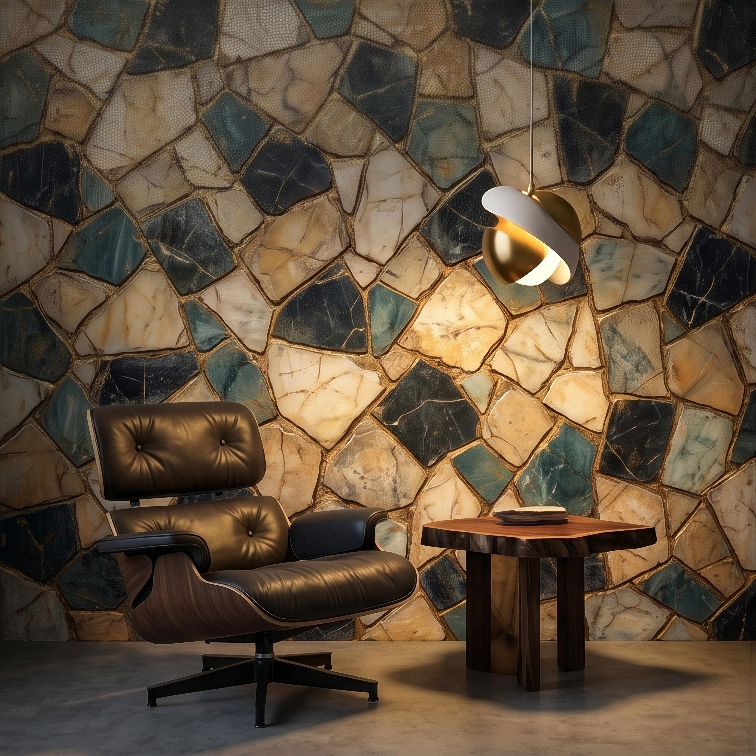 Kintsugi Stone Mosaic Peel and Stick Wall Mural, Navy Teal and Beige Marble Tile Pattern, Luxury Modern Textured Wallpaper