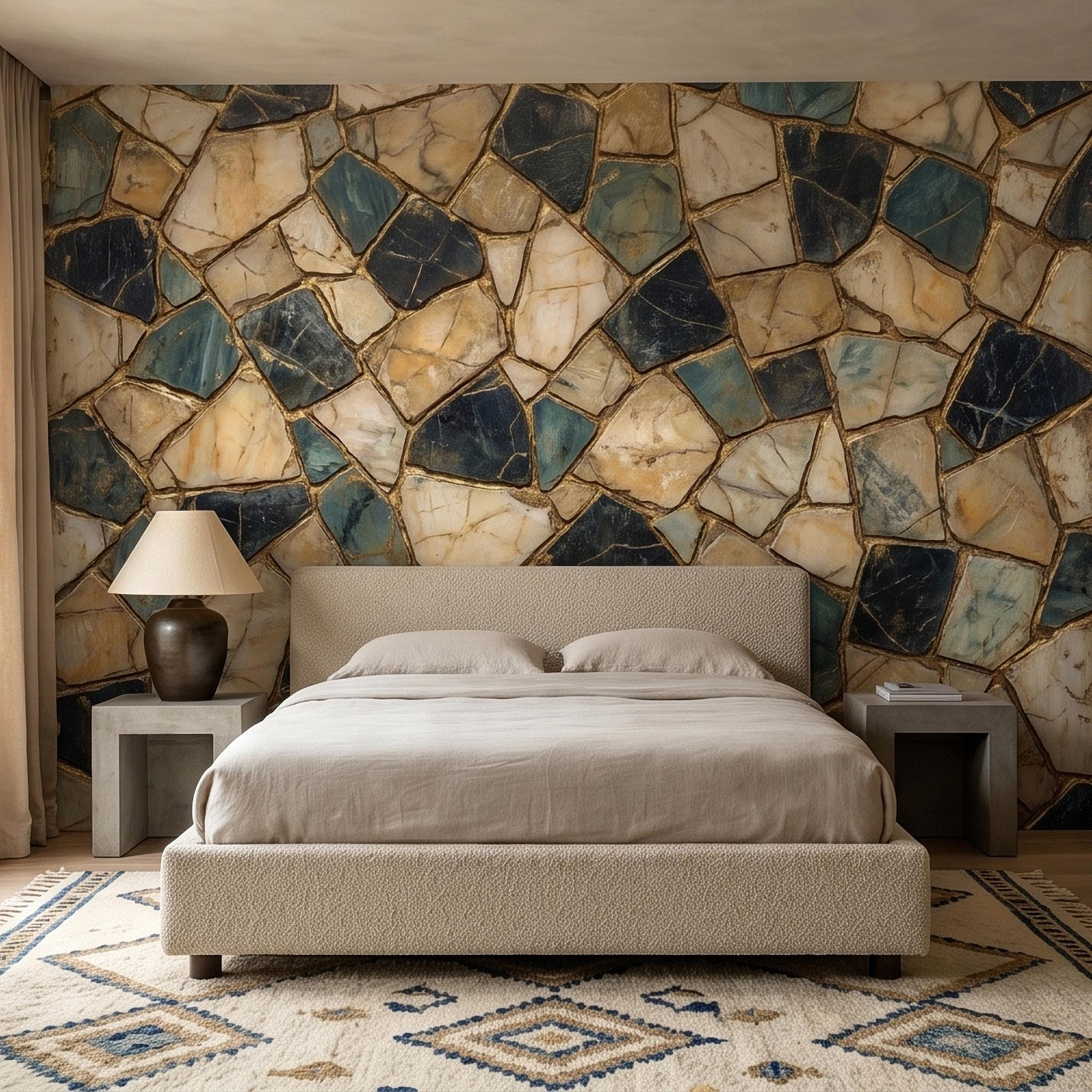 Kintsugi Stone Mosaic Peel and Stick Wall Mural, Navy Teal and Beige Marble Tile Pattern, Luxury Modern Textured Wallpaper