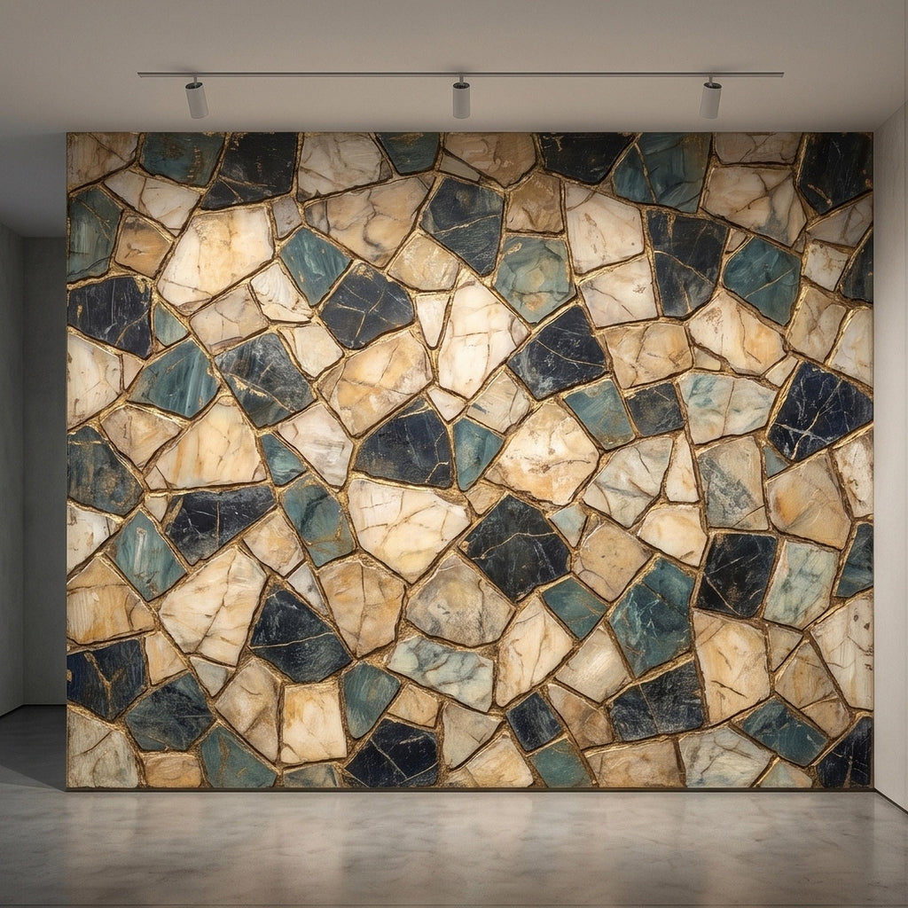 Kintsugi Stone Mosaic Peel and Stick Wall Mural, Navy Teal and Beige Marble Tile Pattern, Luxury Modern Textured Wallpaper