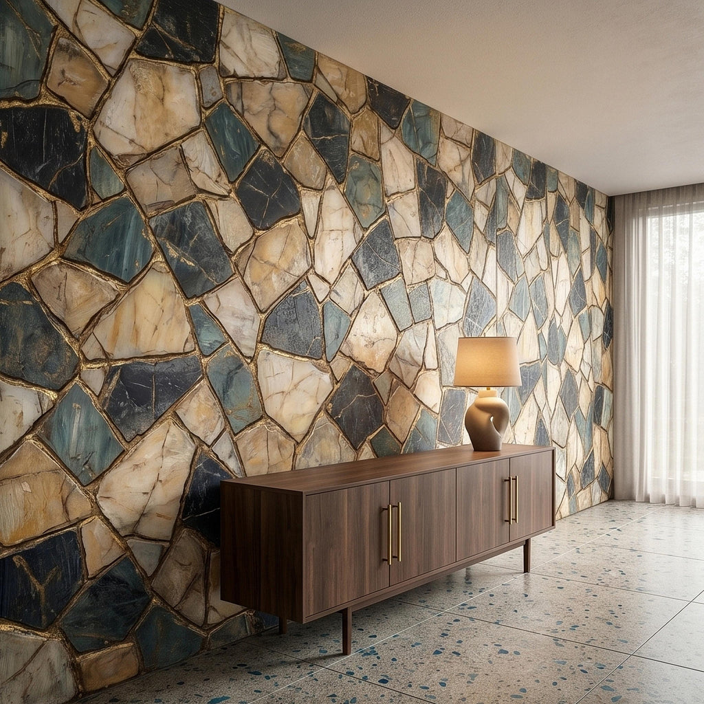 Kintsugi Stone Mosaic Peel and Stick Wall Mural, Navy Teal and Beige Marble Tile Pattern, Luxury Modern Textured Wallpaper