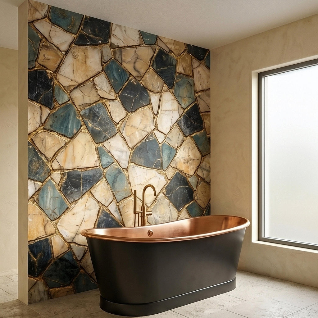Kintsugi Stone Mosaic Peel and Stick Wall Mural, Navy Teal and Beige Marble Tile Pattern, Luxury Modern Textured Wallpaper