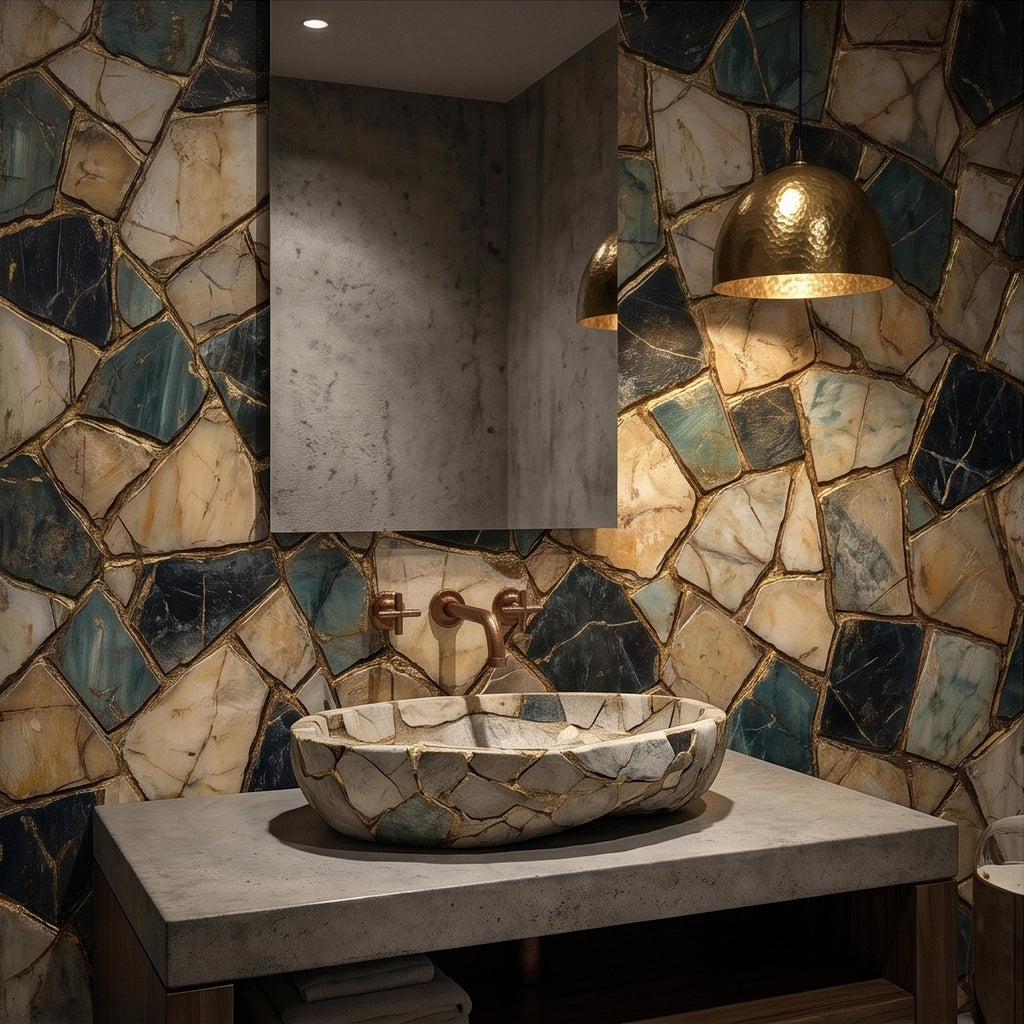 Kintsugi Stone Mosaic Peel and Stick Wall Mural, Navy Teal and Beige Marble Tile Pattern, Luxury Modern Textured Wallpaper