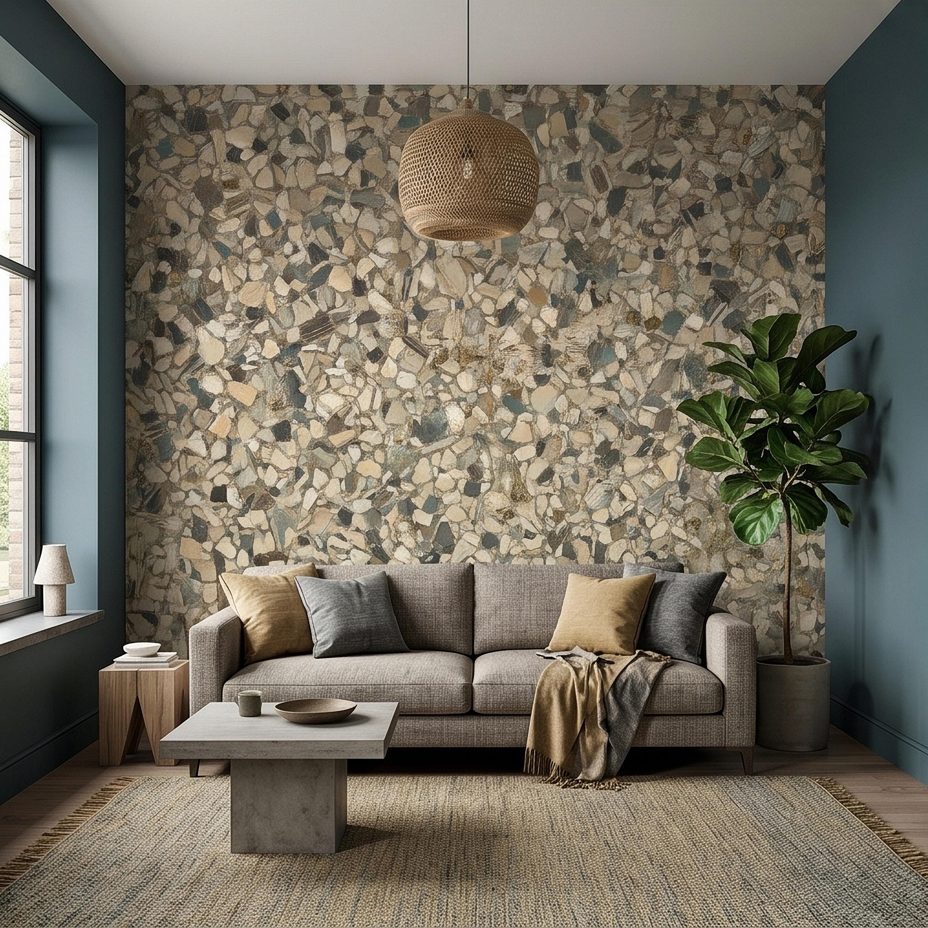 Neutral Terrazzo Peel and Stick Wall Mural, Beige Gray Stone Chip Speckled Concrete Texture, Modern Scandi Minimalist Faux Stone Wallpaper
