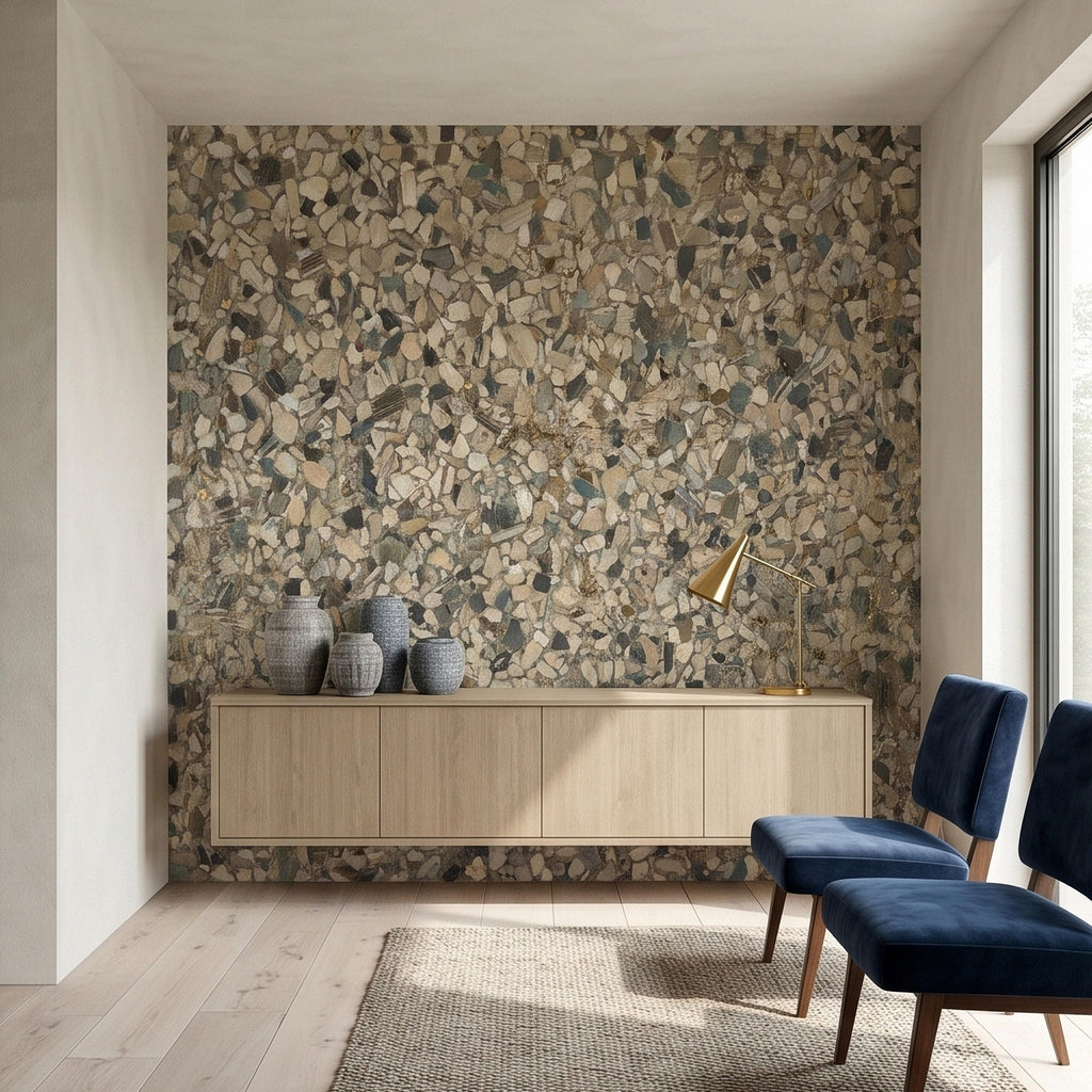 Neutral Terrazzo Peel and Stick Wall Mural, Beige Gray Stone Chip Speckled Concrete Texture, Modern Scandi Minimalist Faux Stone Wallpaper
