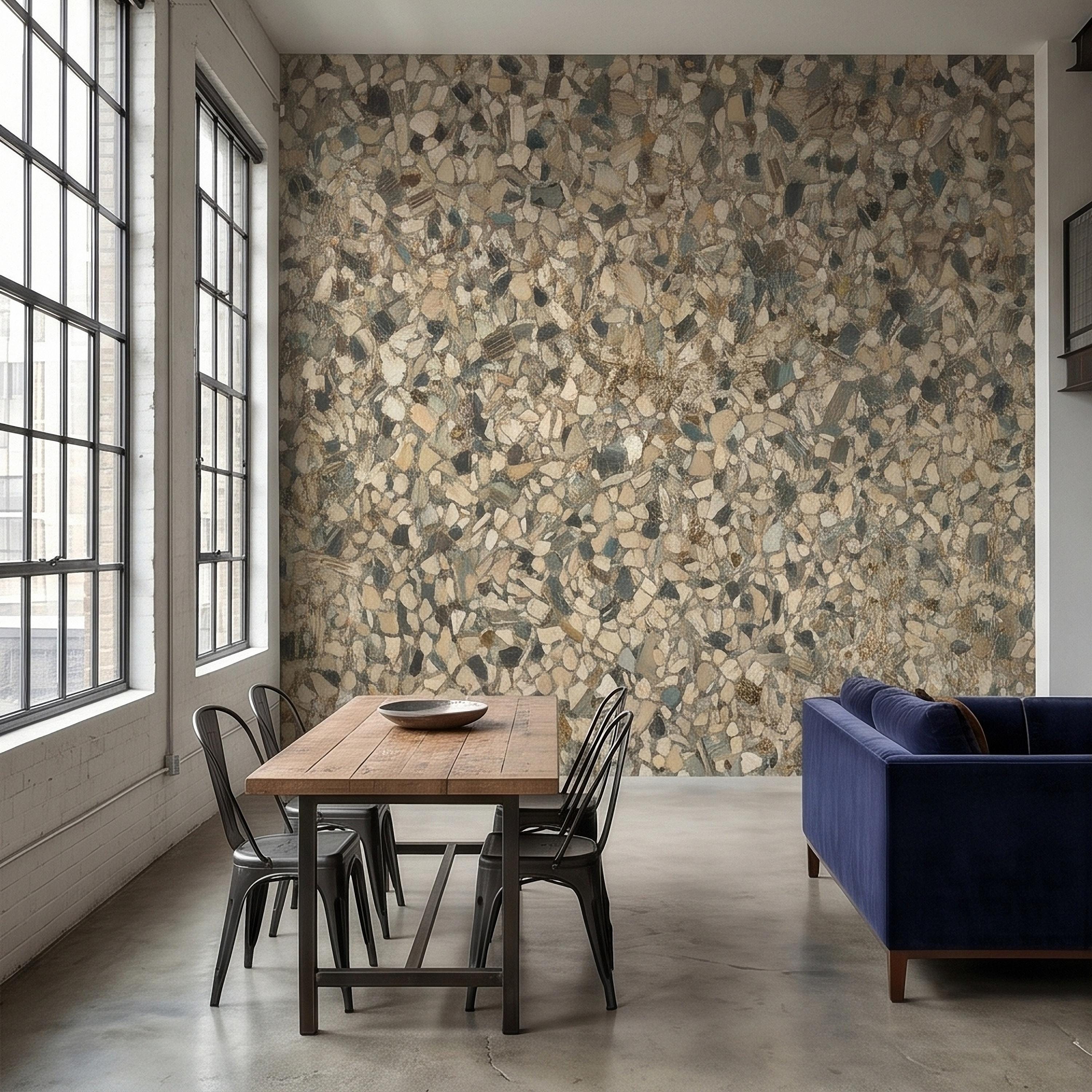 Neutral Terrazzo Peel and Stick Wall Mural, Beige Gray Stone Chip Speckled Concrete Texture, Modern Scandi Minimalist Faux Stone Wallpaper
