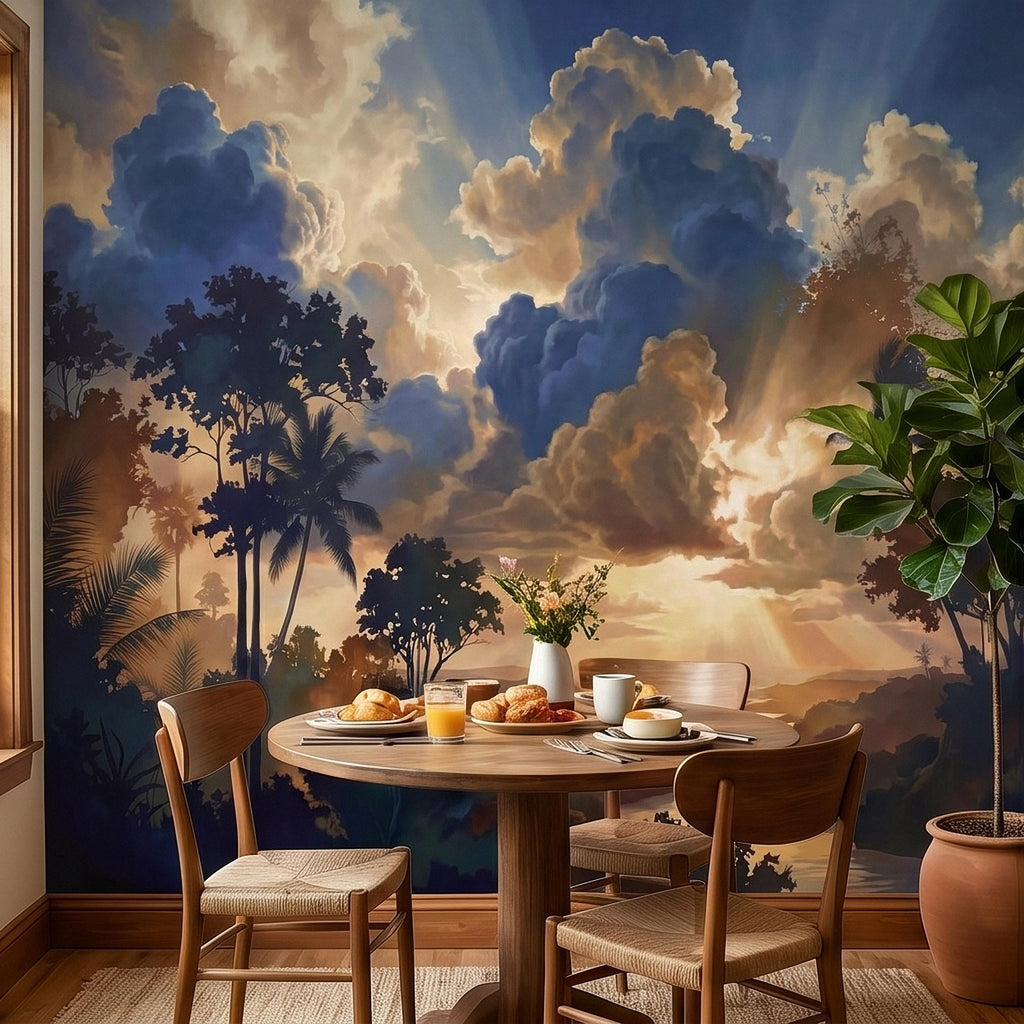 Tropical Golden Hour Sunset Jungle Peel and Stick Wall Mural, Palm Tree Silhouette, Dramatic Clouds Sun Rays, River Landscape Sky Wallpaper