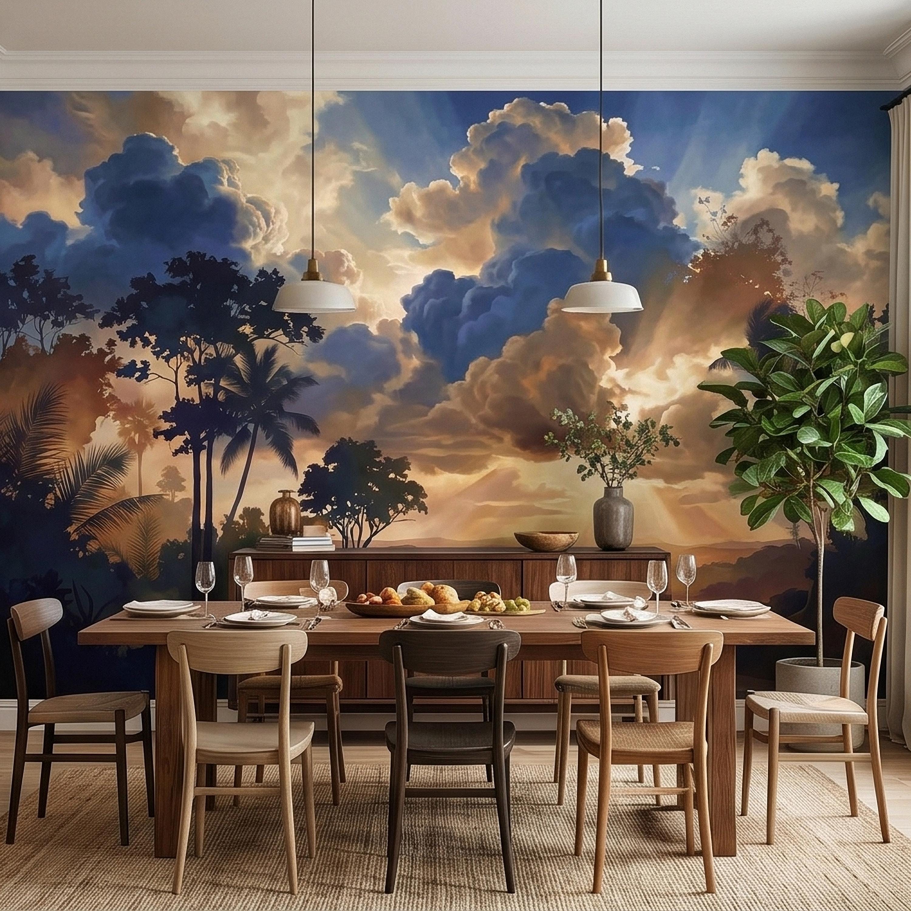Tropical Golden Hour Sunset Jungle Peel and Stick Wall Mural, Palm Tree Silhouette, Dramatic Clouds Sun Rays, River Landscape Sky Wallpaper