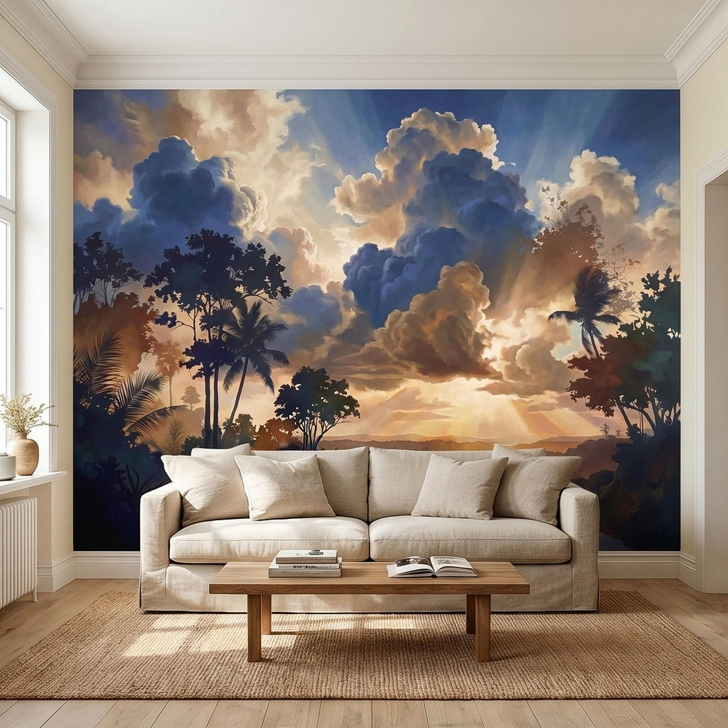 Tropical Golden Hour Sunset Jungle Peel and Stick Wall Mural, Palm Tree Silhouette, Dramatic Clouds Sun Rays, River Landscape Sky Wallpaper