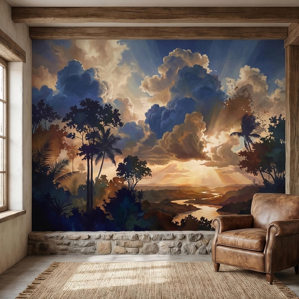 Tropical Golden Hour Sunset Jungle Peel and Stick Wall Mural, Palm Tree Silhouette, Dramatic Clouds Sun Rays, River Landscape Sky Wallpaper