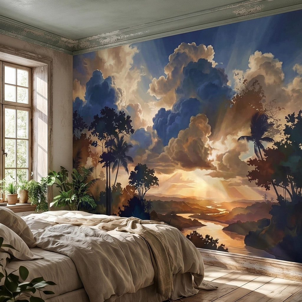 Tropical Golden Hour Sunset Jungle Peel and Stick Wall Mural, Palm Tree Silhouette, Dramatic Clouds Sun Rays, River Landscape Sky Wallpaper