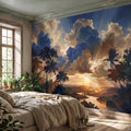 Tropical Golden Hour Sunset Jungle Peel and Stick Wall Mural, Palm Tree Silhouette, Dramatic Clouds Sun Rays, River Landscape Sky Wallpaper