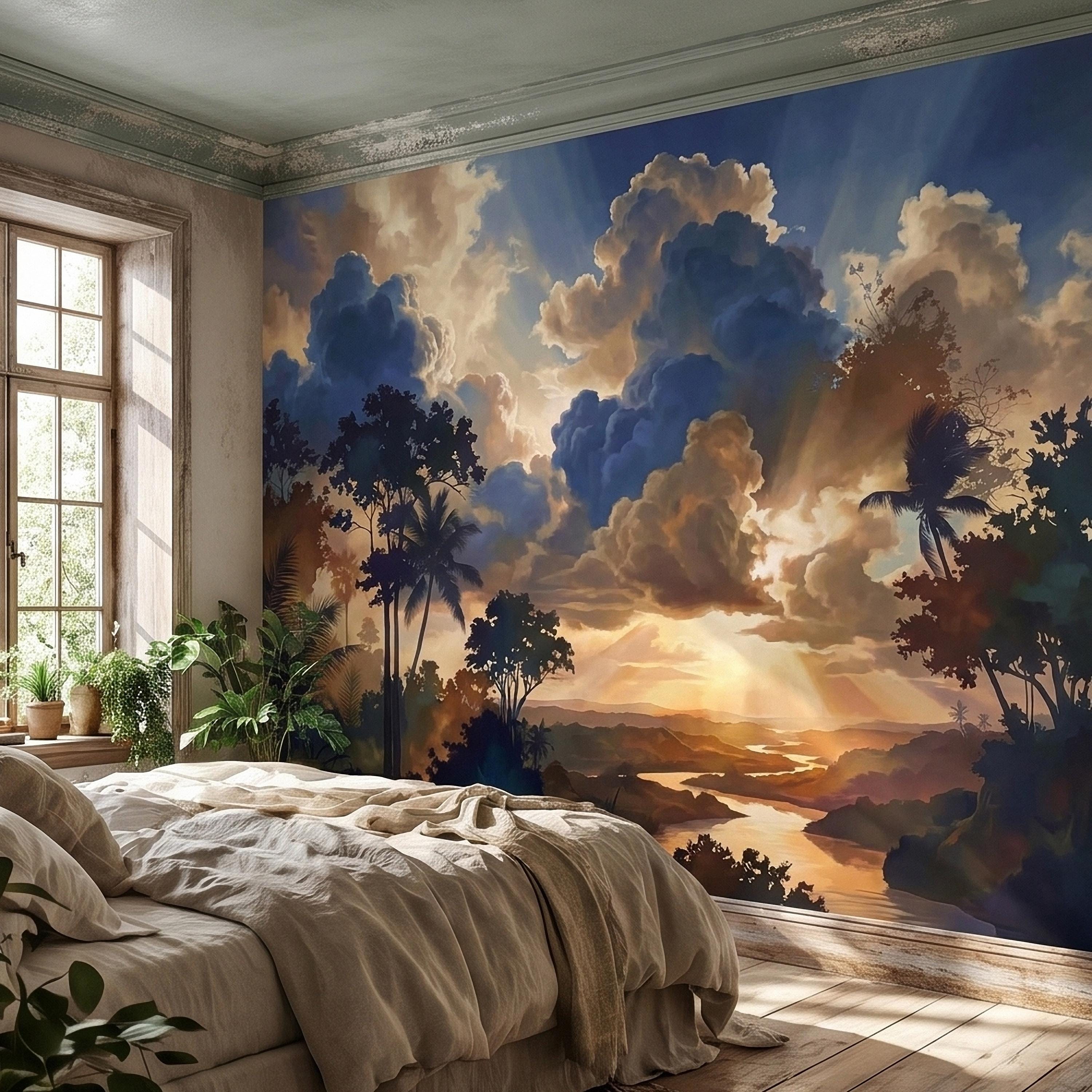 Tropical Golden Hour Sunset Jungle Peel and Stick Wall Mural, Palm Tree Silhouette, Dramatic Clouds Sun Rays, River Landscape Sky Wallpaper