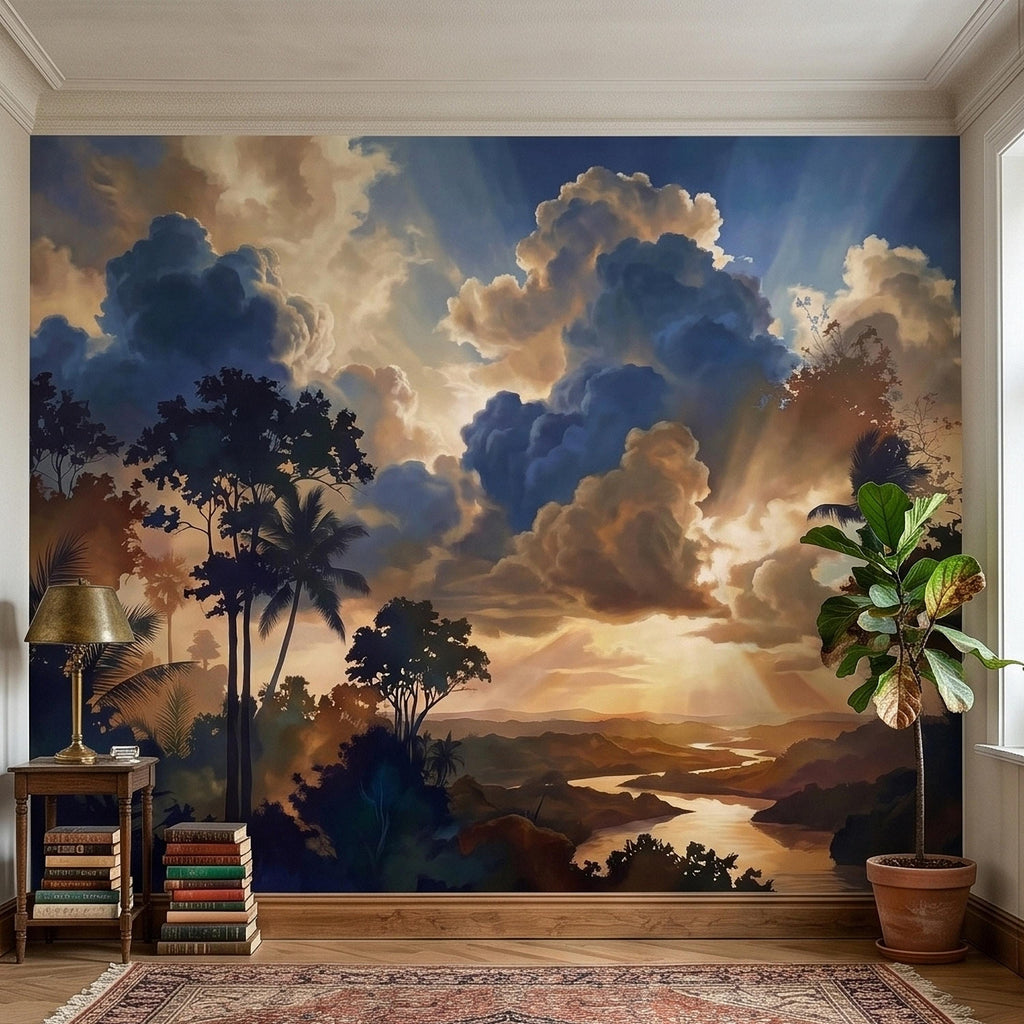 Tropical Golden Hour Sunset Jungle Peel and Stick Wall Mural, Palm Tree Silhouette, Dramatic Clouds Sun Rays, River Landscape Sky Wallpaper