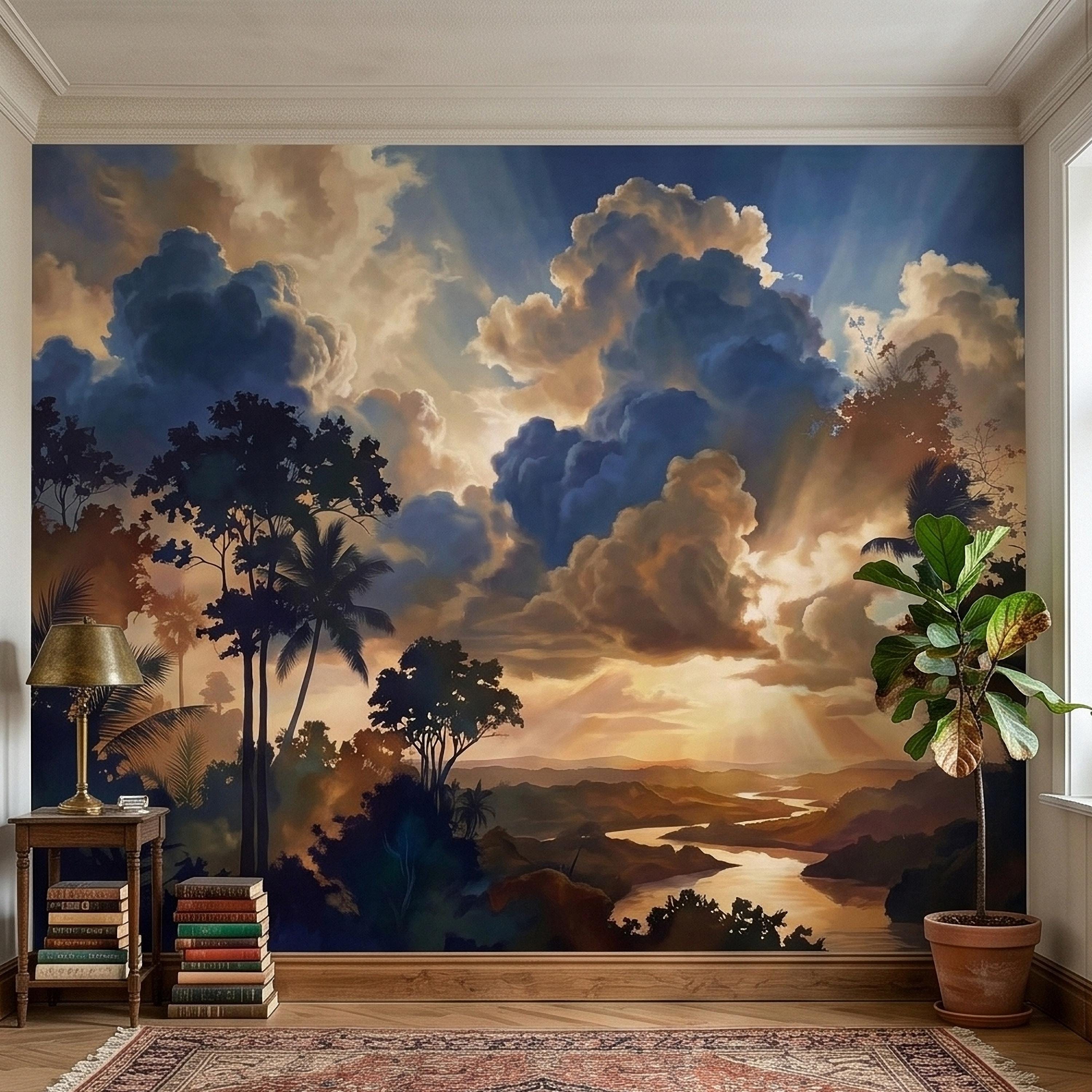 Tropical Golden Hour Sunset Jungle Peel and Stick Wall Mural, Palm Tree Silhouette, Dramatic Clouds Sun Rays, River Landscape Sky Wallpaper