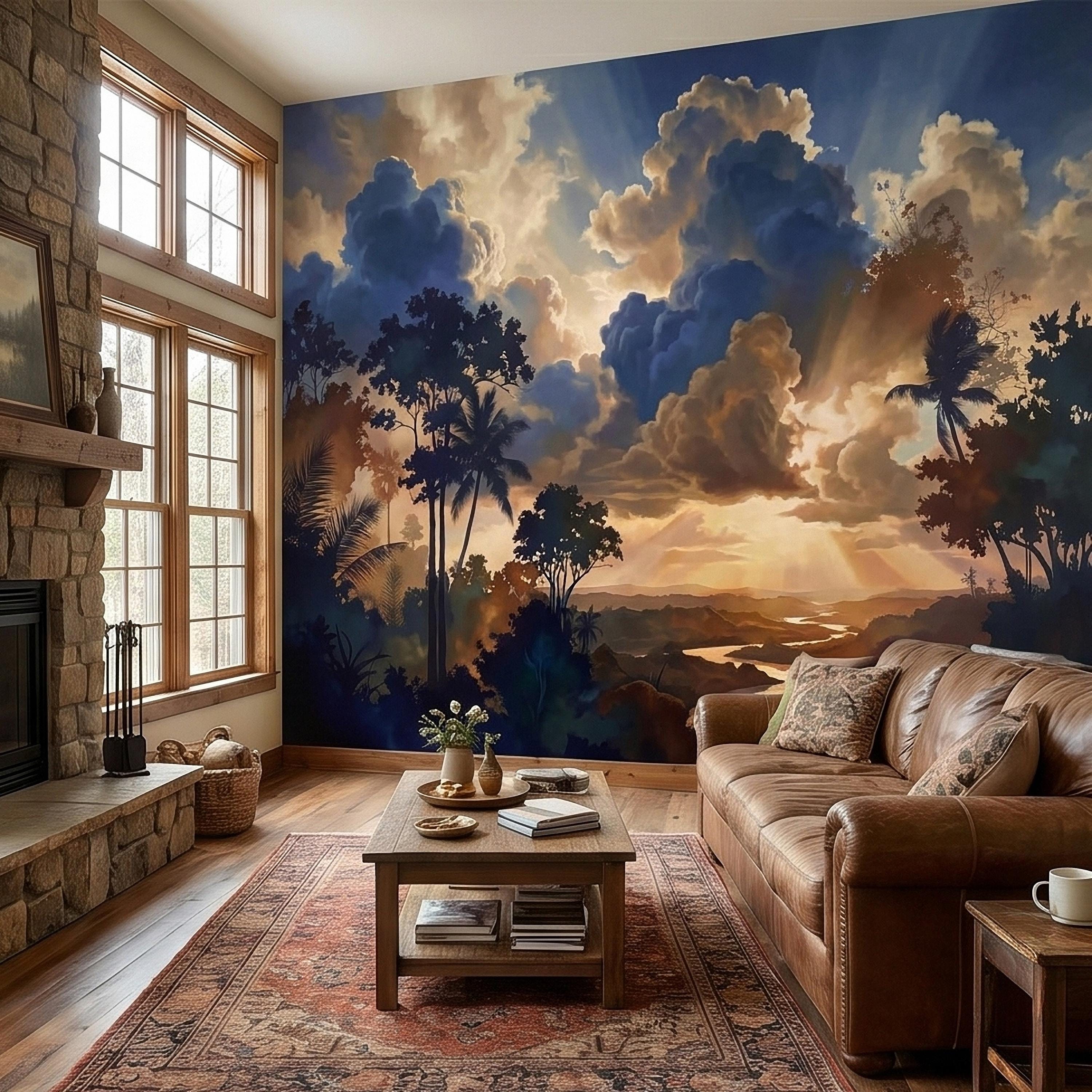 Tropical Golden Hour Sunset Jungle Peel and Stick Wall Mural, Palm Tree Silhouette, Dramatic Clouds Sun Rays, River Landscape Sky Wallpaper