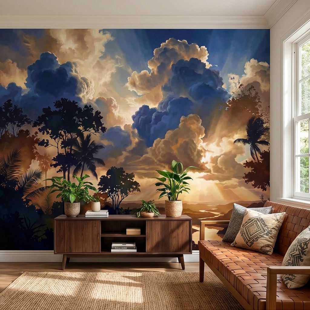 Tropical Golden Hour Sunset Jungle Peel and Stick Wall Mural, Palm Tree Silhouette, Dramatic Clouds Sun Rays, River Landscape Sky Wallpaper