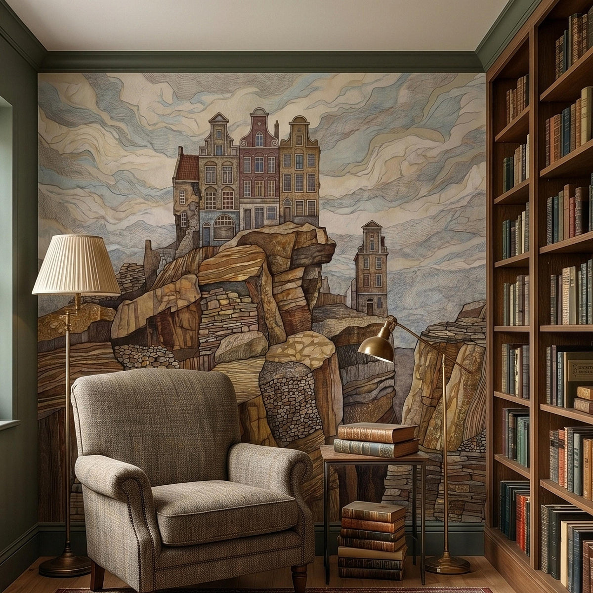 Watercolor wall mural showing town houses over rugged rock formations and clouds