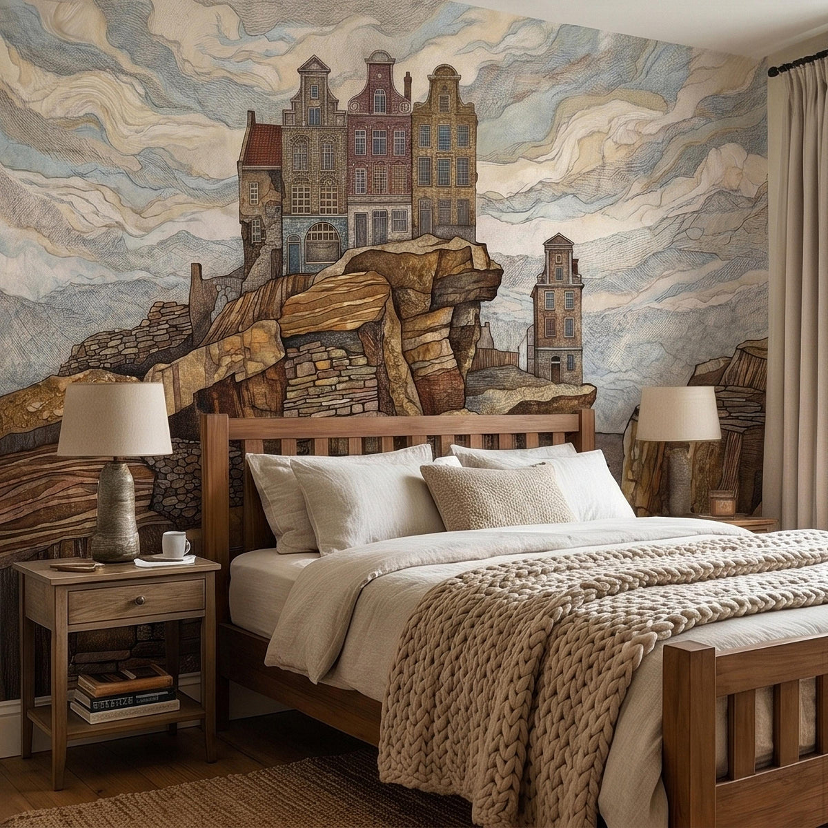 Watercolor wall mural featuring tall brick town buildings above rocky shoreline