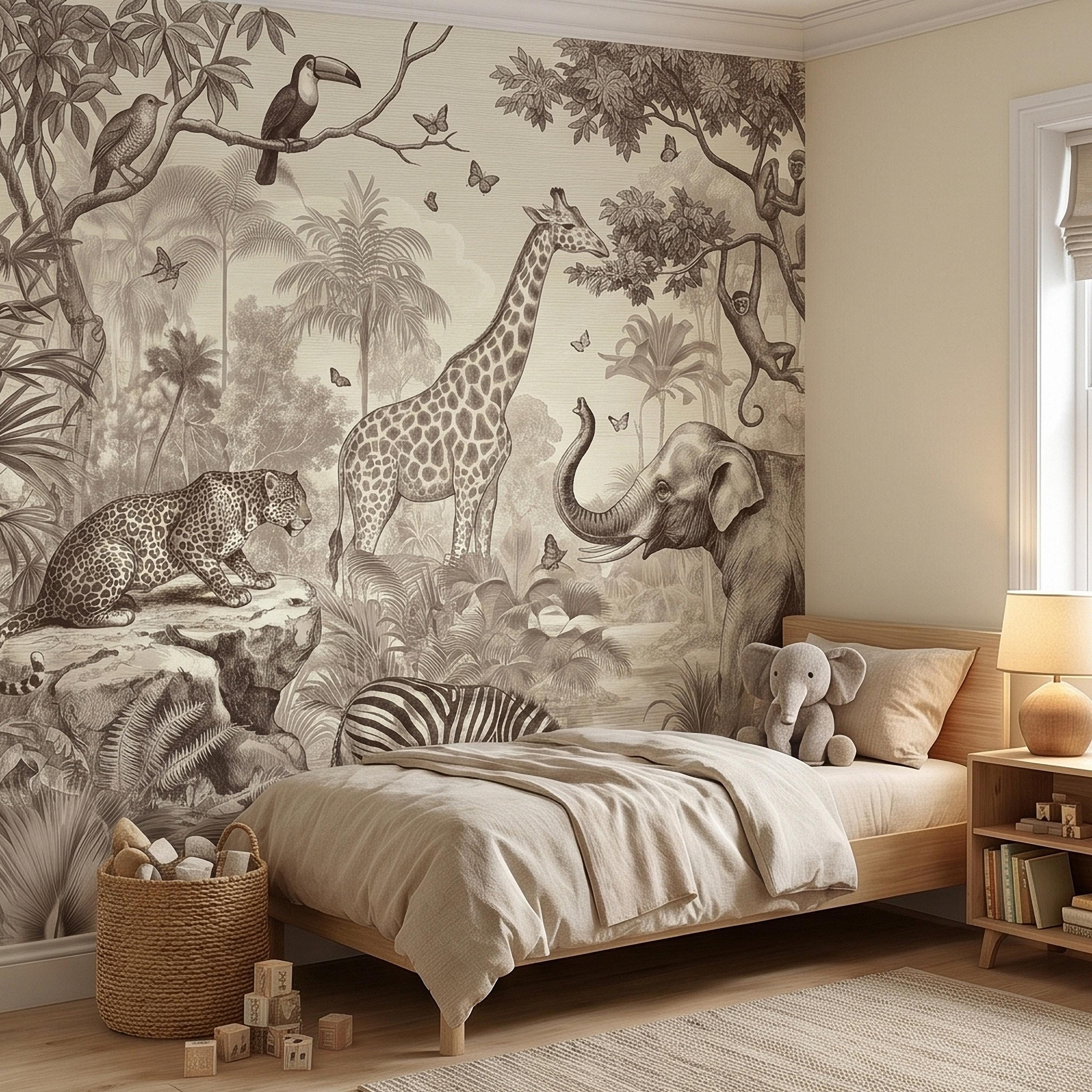 Safari Jungle Animals Peel and Stick Wall Mural, Vintage Toile Sketch Giraffe Elephant Zebra Monkeys Toucan, Neutral Beige Wallpaper