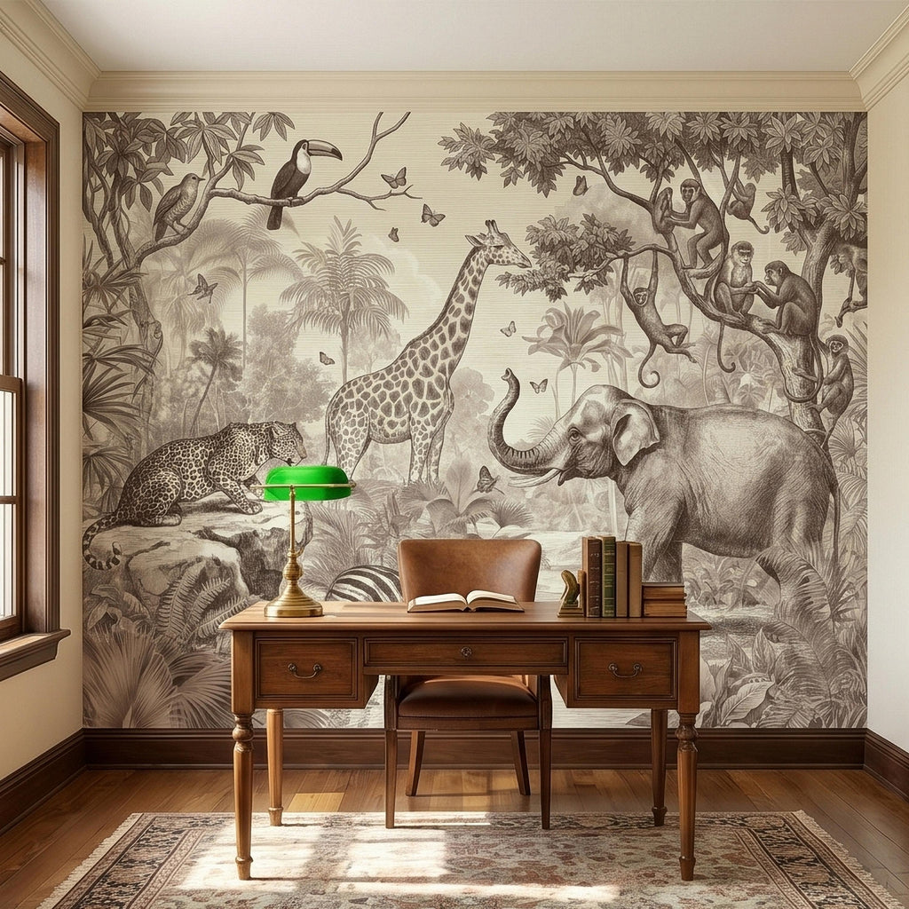 Safari Jungle Animals Peel and Stick Wall Mural, Vintage Toile Sketch Giraffe Elephant Zebra Monkeys Toucan, Neutral Beige Wallpaper