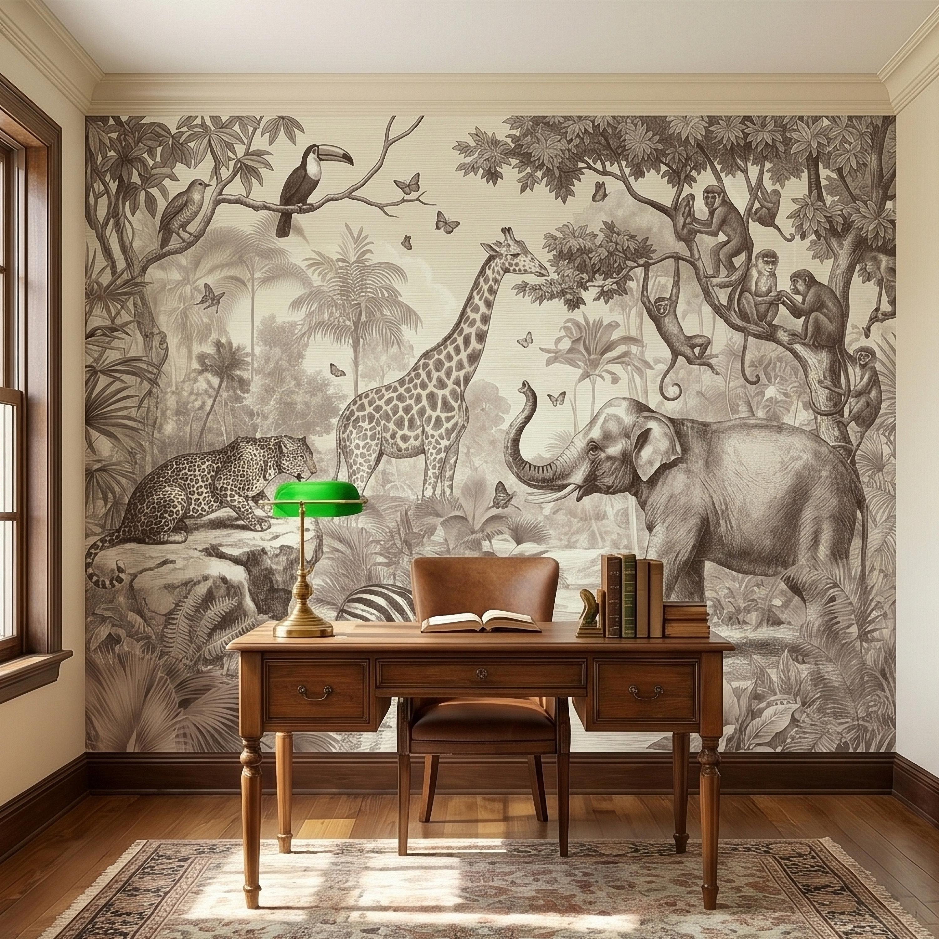 Safari Jungle Animals Peel and Stick Wall Mural, Vintage Toile Sketch Giraffe Elephant Zebra Monkeys Toucan, Neutral Beige Wallpaper