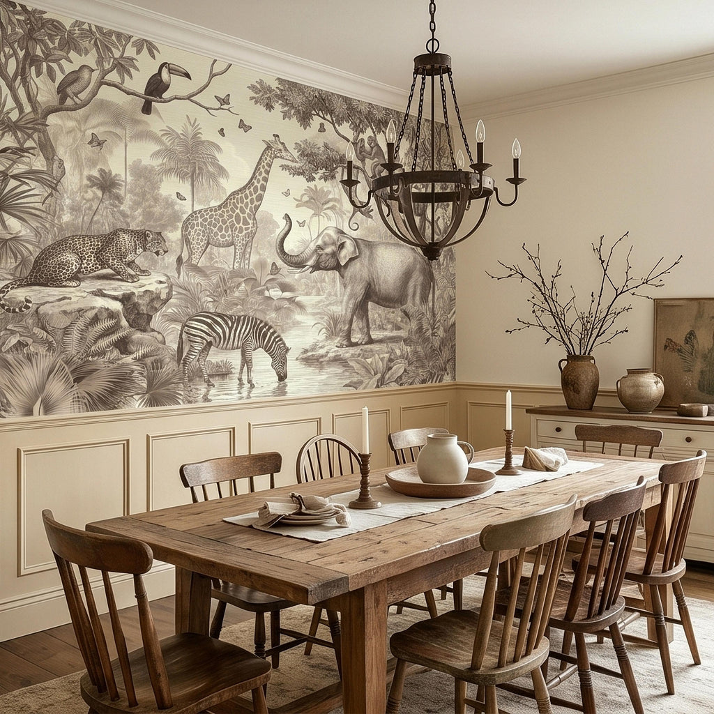 Safari Jungle Animals Peel and Stick Wall Mural, Vintage Toile Sketch Giraffe Elephant Zebra Monkeys Toucan, Neutral Beige Wallpaper