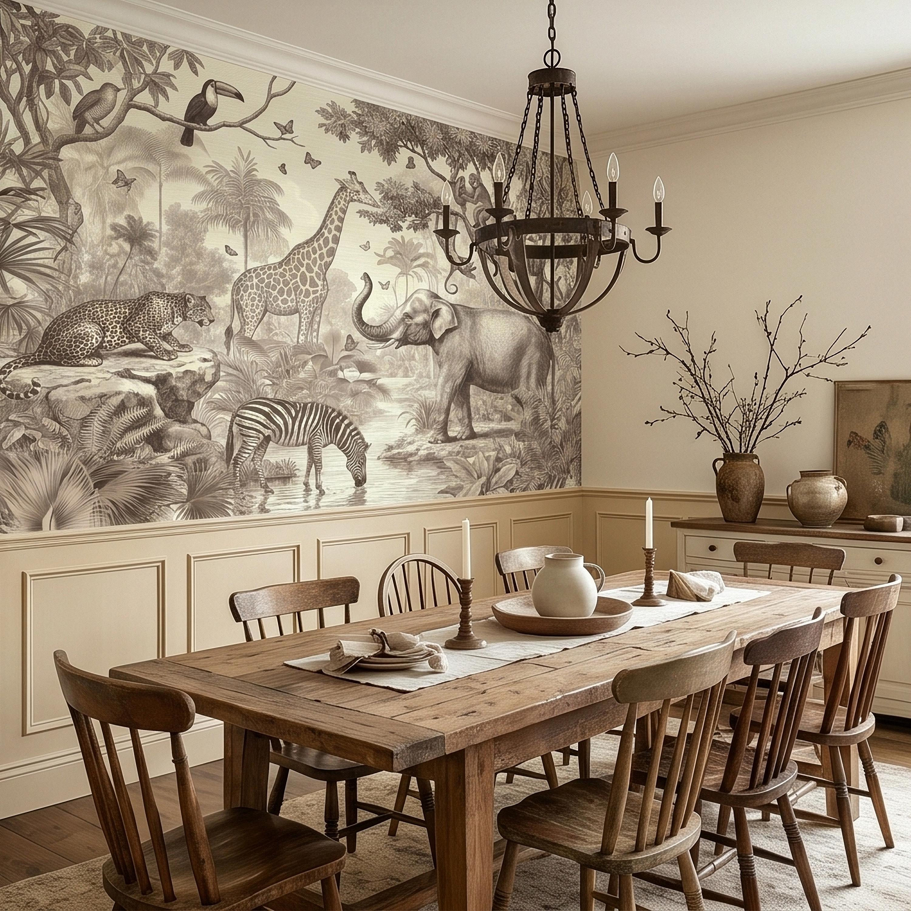 Safari Jungle Animals Peel and Stick Wall Mural, Vintage Toile Sketch Giraffe Elephant Zebra Monkeys Toucan, Neutral Beige Wallpaper