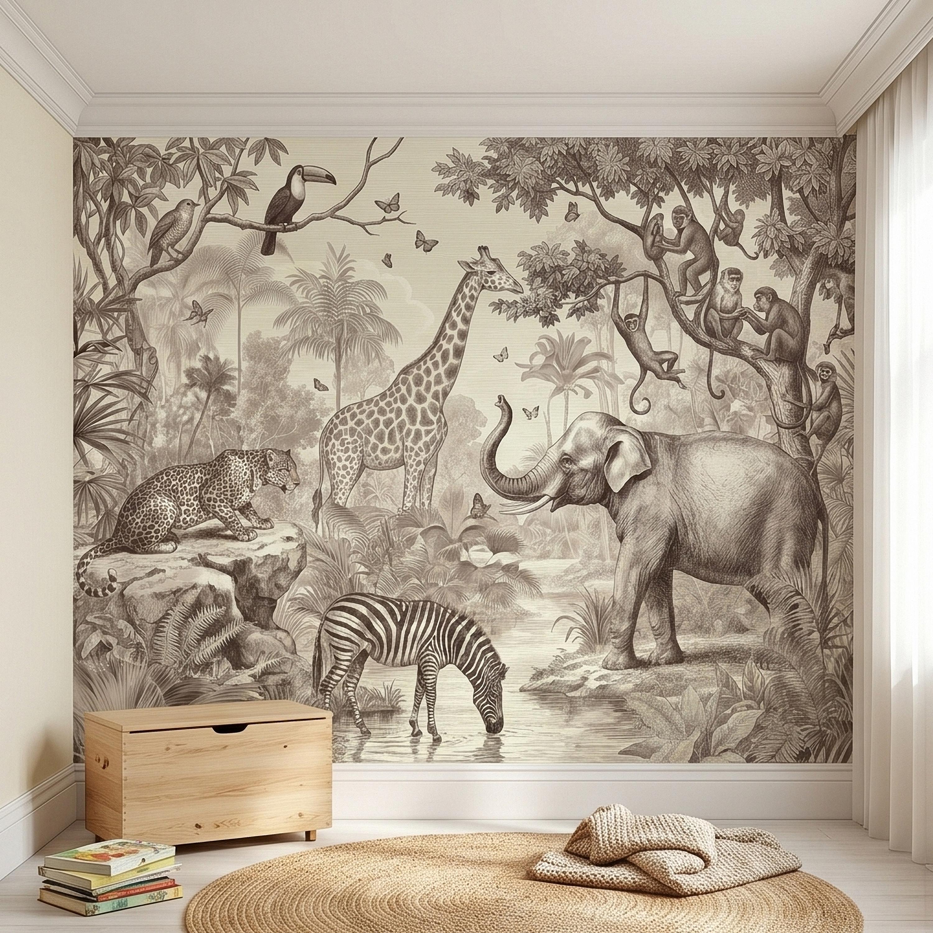Safari Jungle Animals Peel and Stick Wall Mural, Vintage Toile Sketch Giraffe Elephant Zebra Monkeys Toucan, Neutral Beige Wallpaper