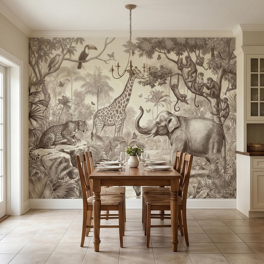 Safari Jungle Animals Peel and Stick Wall Mural, Vintage Toile Sketch Giraffe Elephant Zebra Monkeys Toucan, Neutral Beige Wallpaper