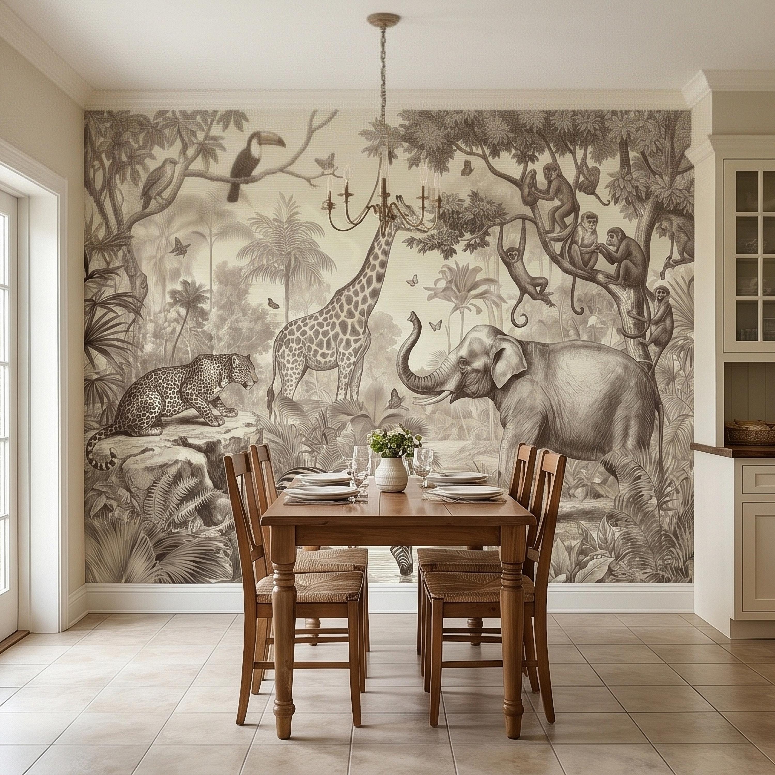 Safari Jungle Animals Peel and Stick Wall Mural, Vintage Toile Sketch Giraffe Elephant Zebra Monkeys Toucan, Neutral Beige Wallpaper