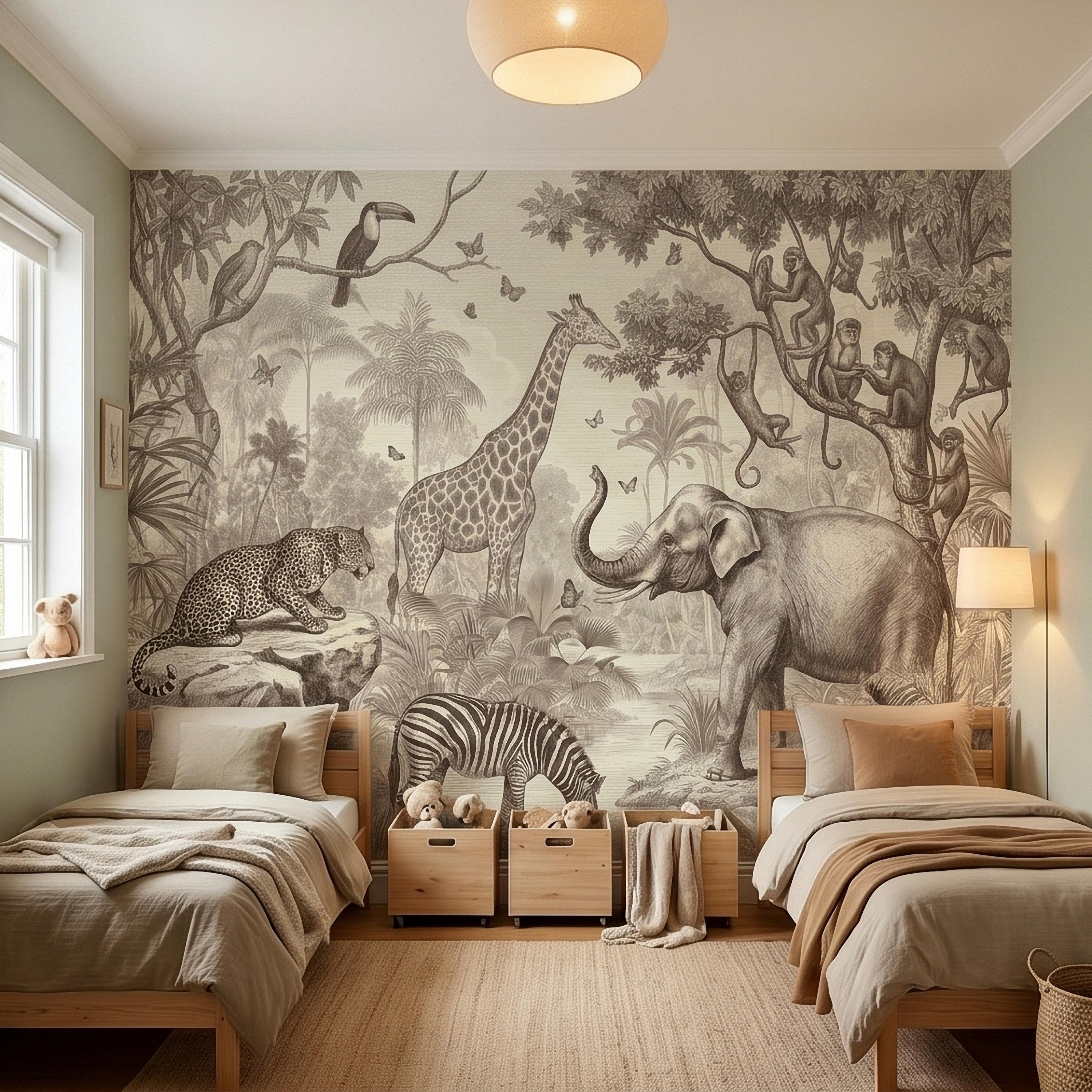 Safari Jungle Animals Peel and Stick Wall Mural, Vintage Toile Sketch Giraffe Elephant Zebra Monkeys Toucan, Neutral Beige Wallpaper