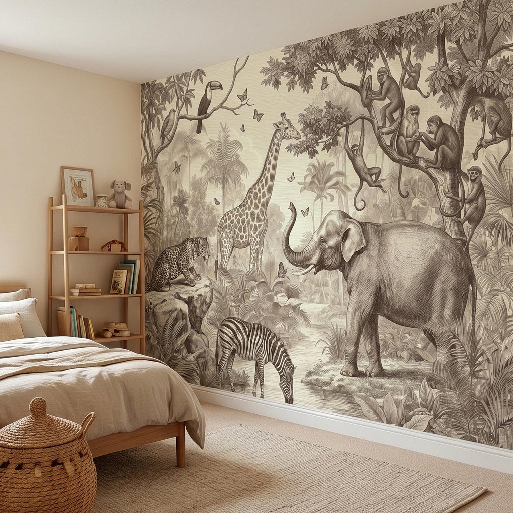 Safari Jungle Animals Peel and Stick Wall Mural, Vintage Toile Sketch Giraffe Elephant Zebra Monkeys Toucan, Neutral Beige Wallpaper