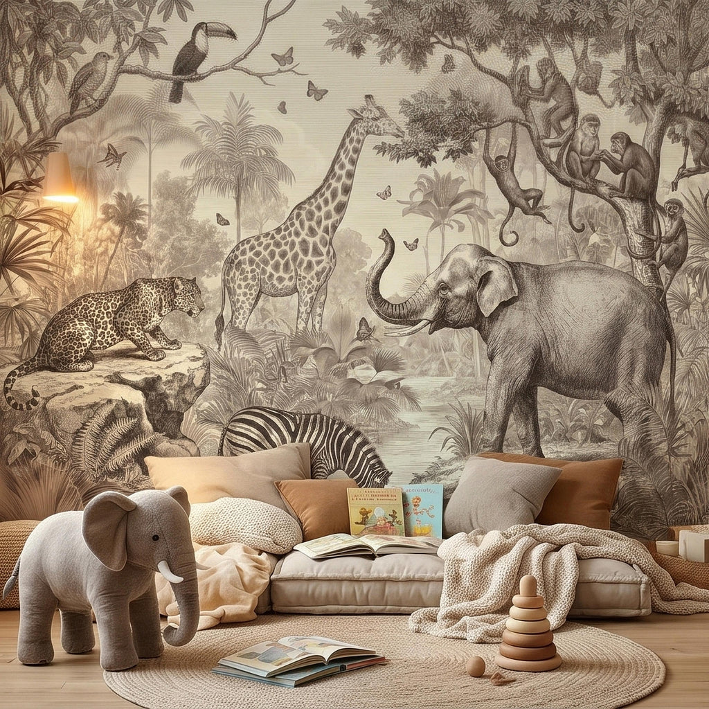 Safari Jungle Animals Peel and Stick Wall Mural, Vintage Toile Sketch Giraffe Elephant Zebra Monkeys Toucan, Neutral Beige Wallpaper