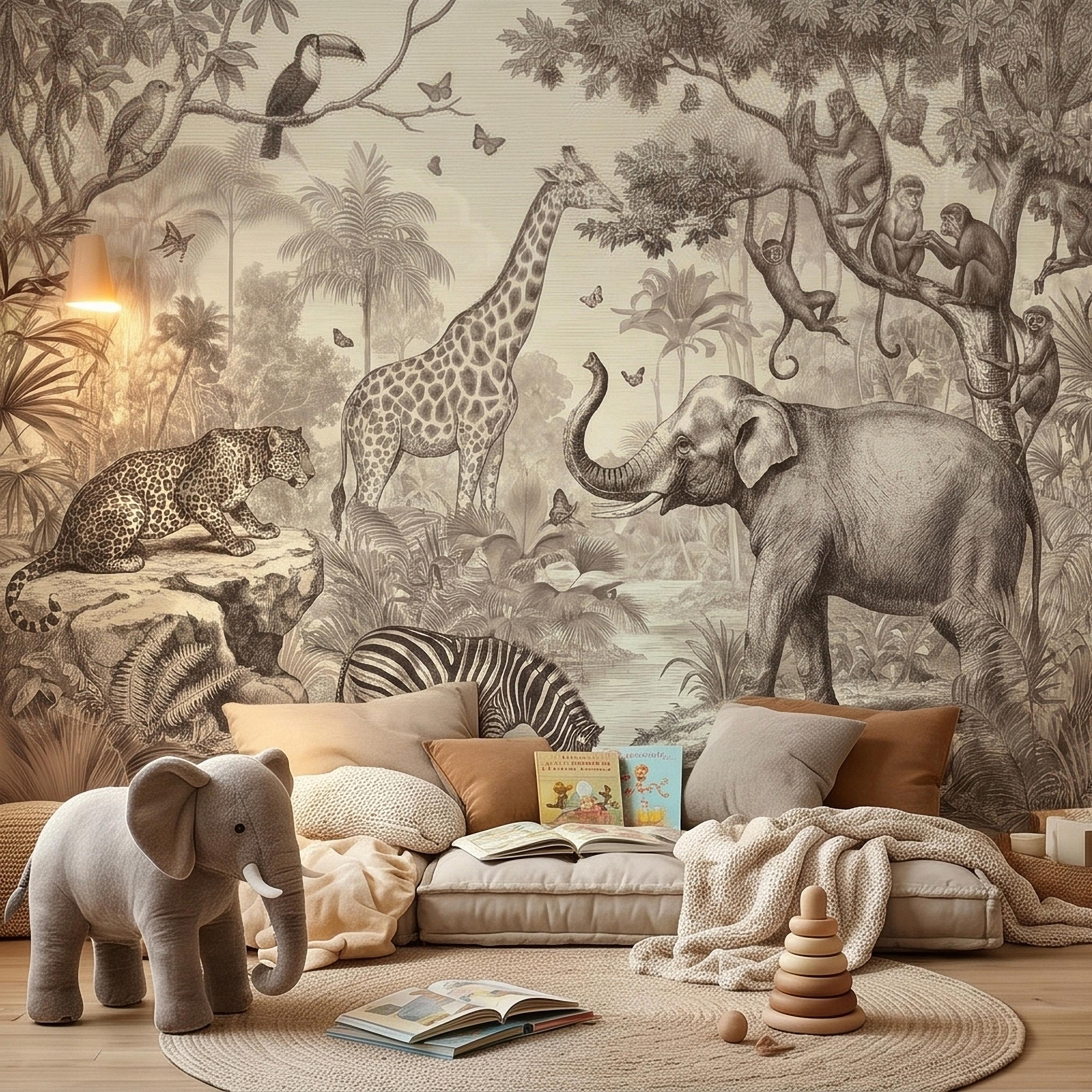 Safari Jungle Animals Peel and Stick Wall Mural, Vintage Toile Sketch Giraffe Elephant Zebra Monkeys Toucan, Neutral Beige Wallpaper