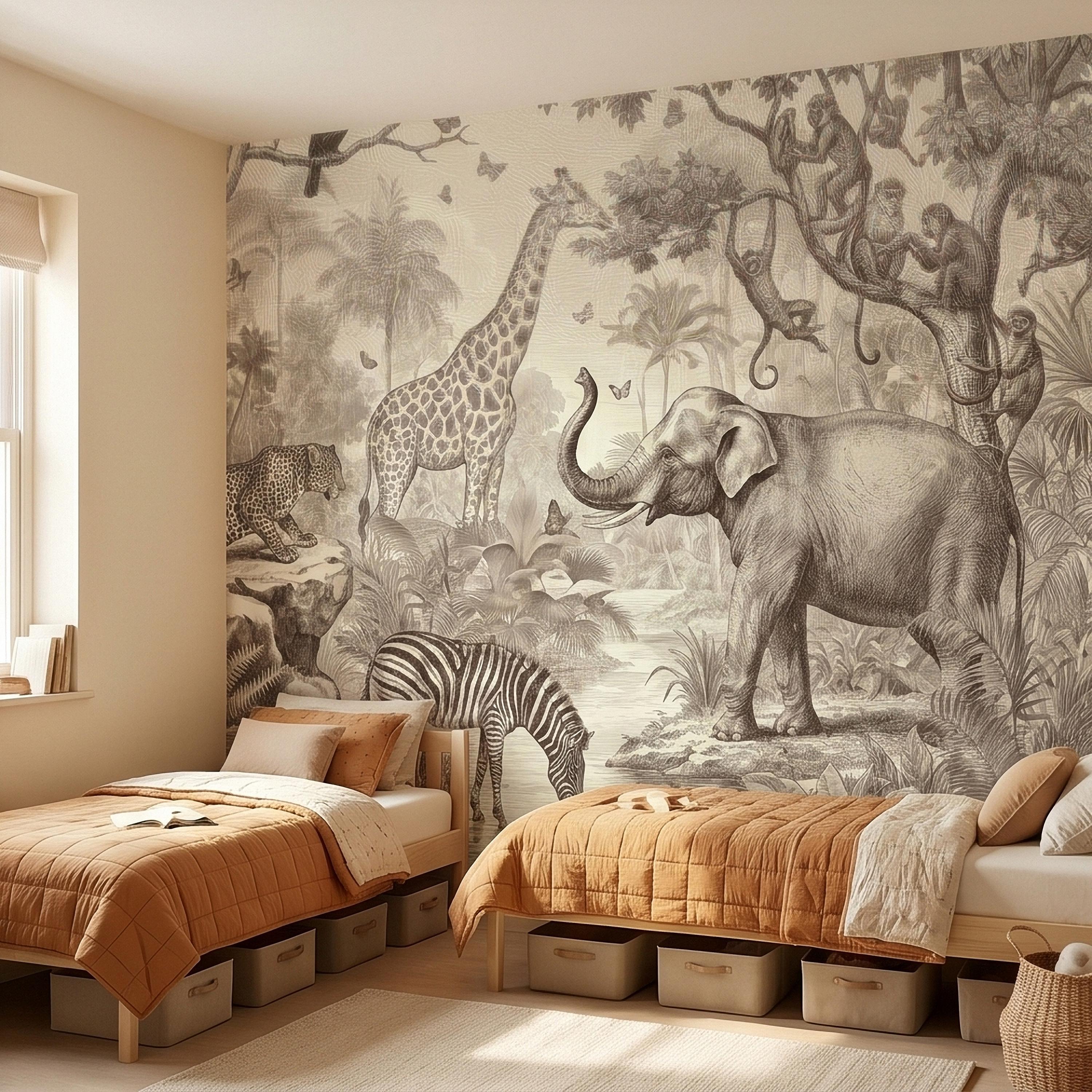 Safari Jungle Animals Peel and Stick Wall Mural, Vintage Toile Sketch Giraffe Elephant Zebra Monkeys Toucan, Neutral Beige Wallpaper