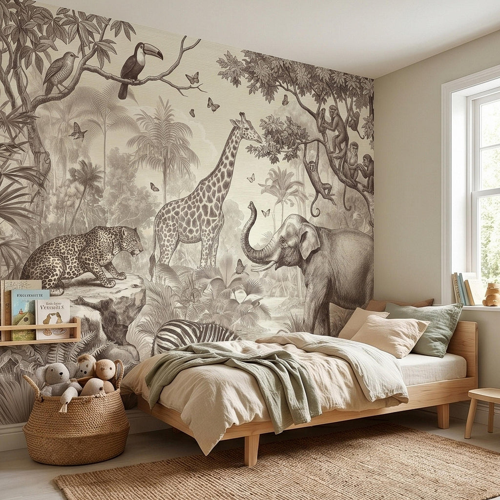 Safari Jungle Animals Peel and Stick Wall Mural, Vintage Toile Sketch Giraffe Elephant Zebra Monkeys Toucan, Neutral Beige Wallpaper