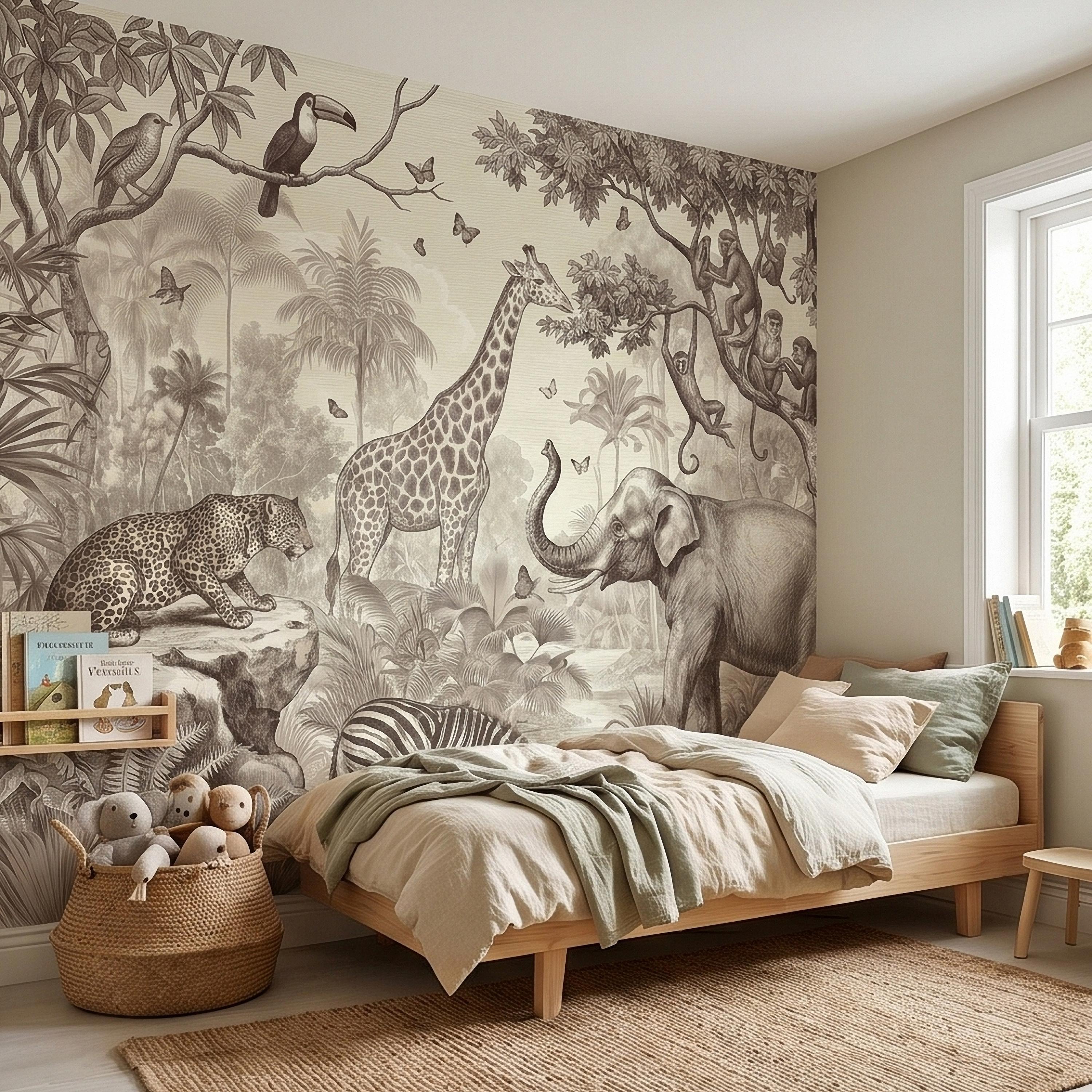 Safari Jungle Animals Peel and Stick Wall Mural, Vintage Toile Sketch Giraffe Elephant Zebra Monkeys Toucan, Neutral Beige Wallpaper