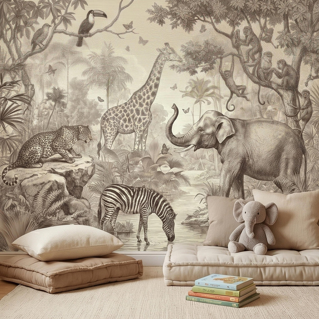 Safari Jungle Animals Peel and Stick Wall Mural, Vintage Toile Sketch Giraffe Elephant Zebra Monkeys Toucan, Neutral Beige Wallpaper