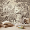 Safari Jungle Animals Peel and Stick Wall Mural, Vintage Toile Sketch Giraffe Elephant Zebra Monkeys Toucan, Neutral Beige Wallpaper