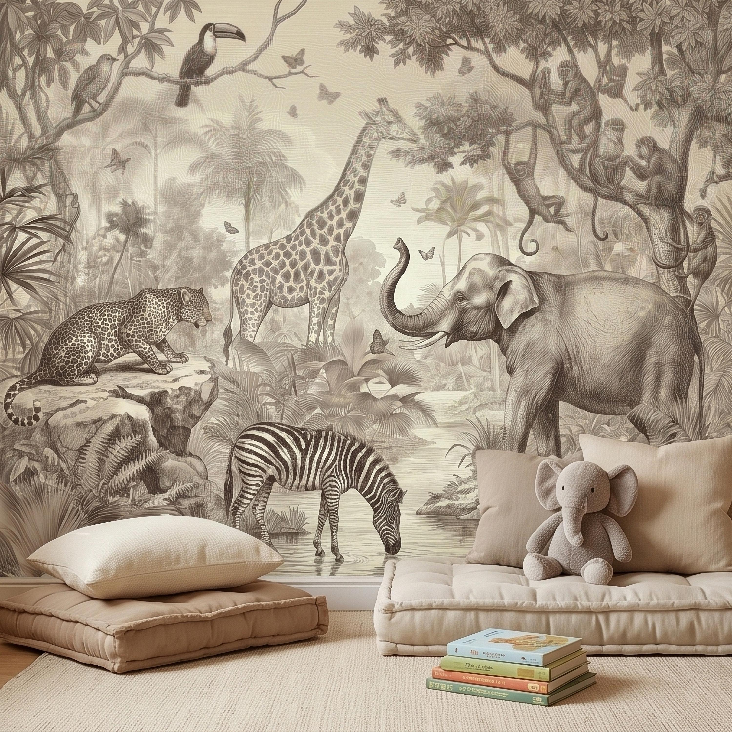 Safari Jungle Animals Peel and Stick Wall Mural, Vintage Toile Sketch Giraffe Elephant Zebra Monkeys Toucan, Neutral Beige Wallpaper